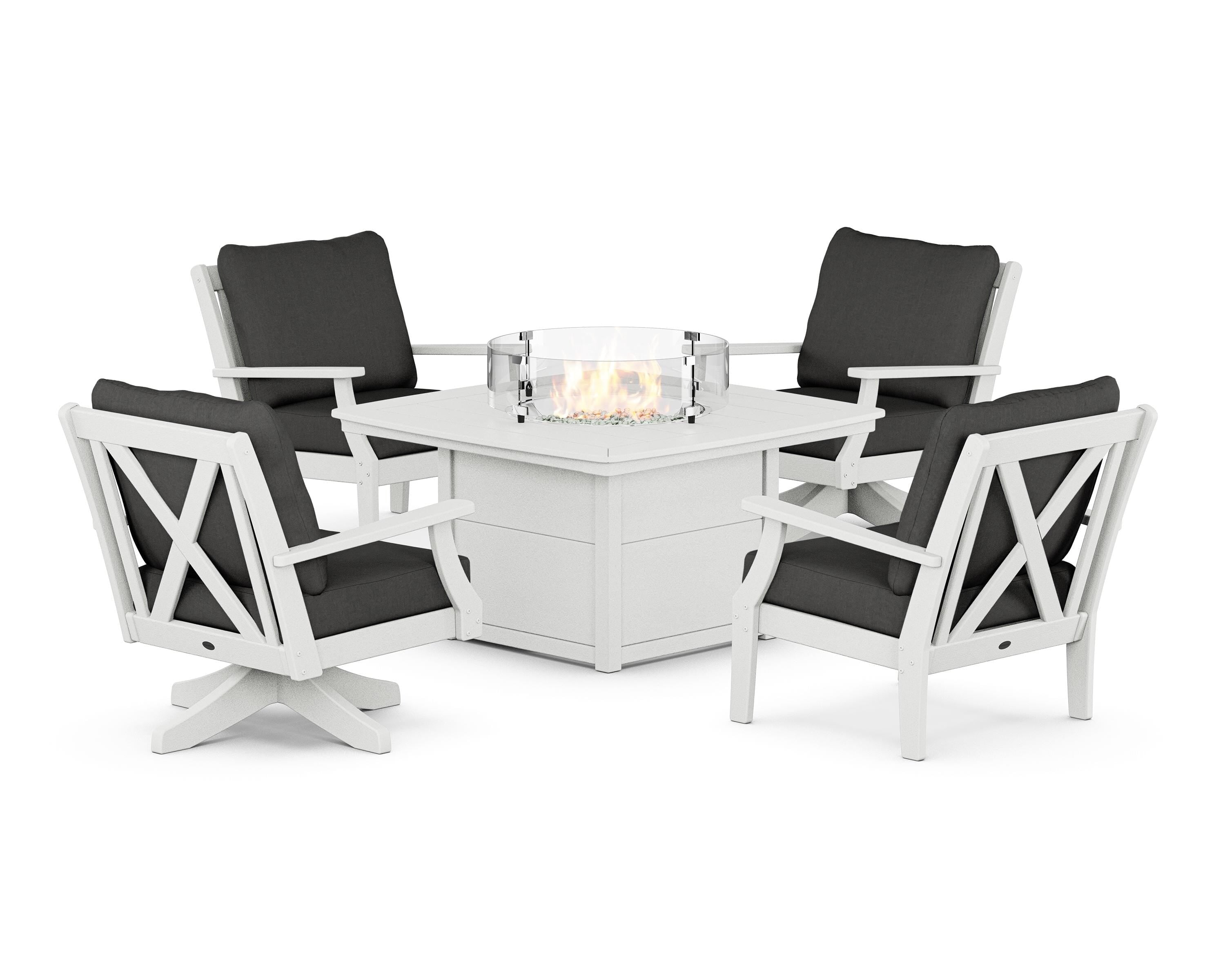 POLYWOOD Braxton 5-Piece Deep Seating Set with Fire Table in Vintage White / Spectrum Carbon