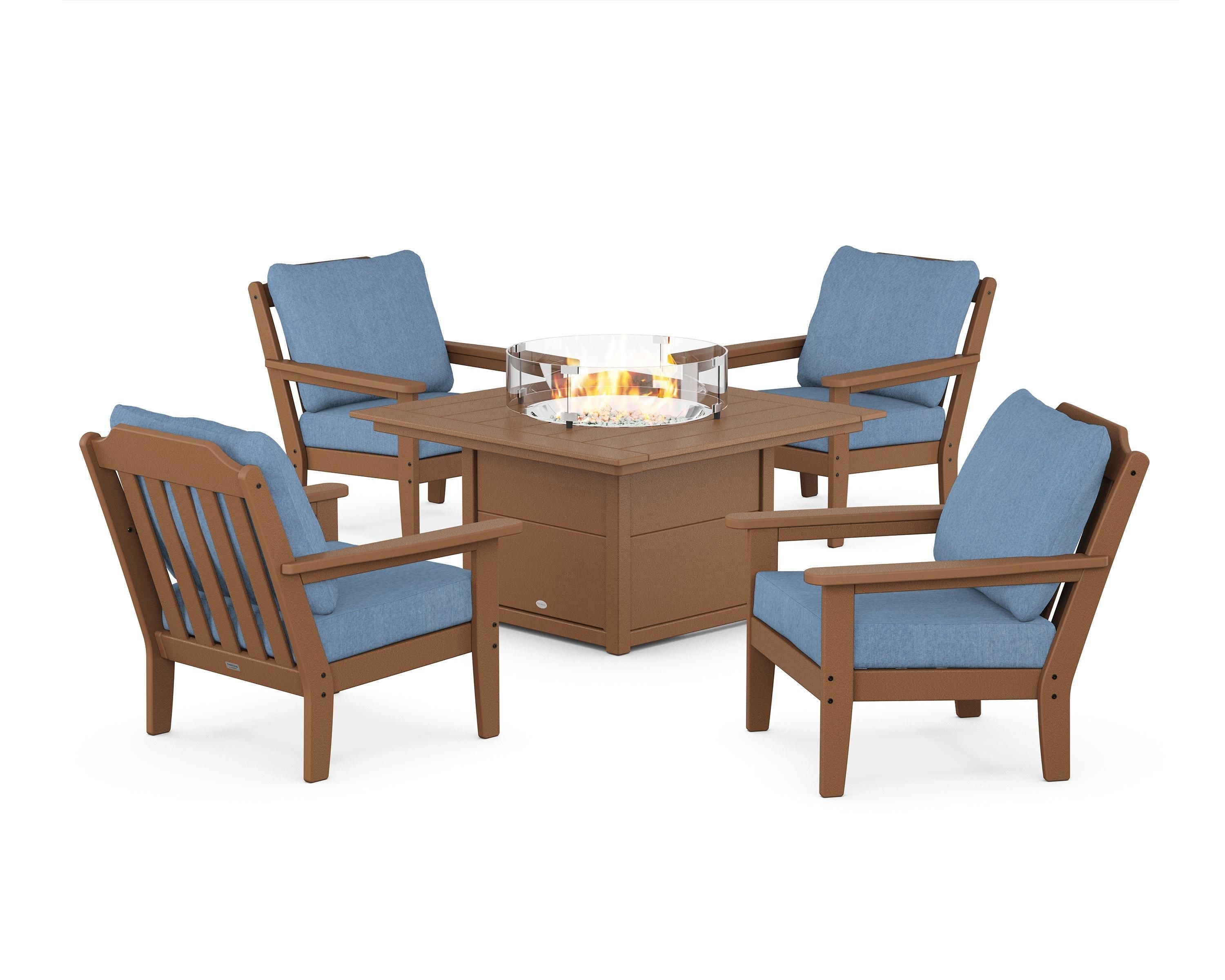Country Living Cottage 5-Piece Deep Seating Set with Fire Pit Table in Teak / Sky Blue