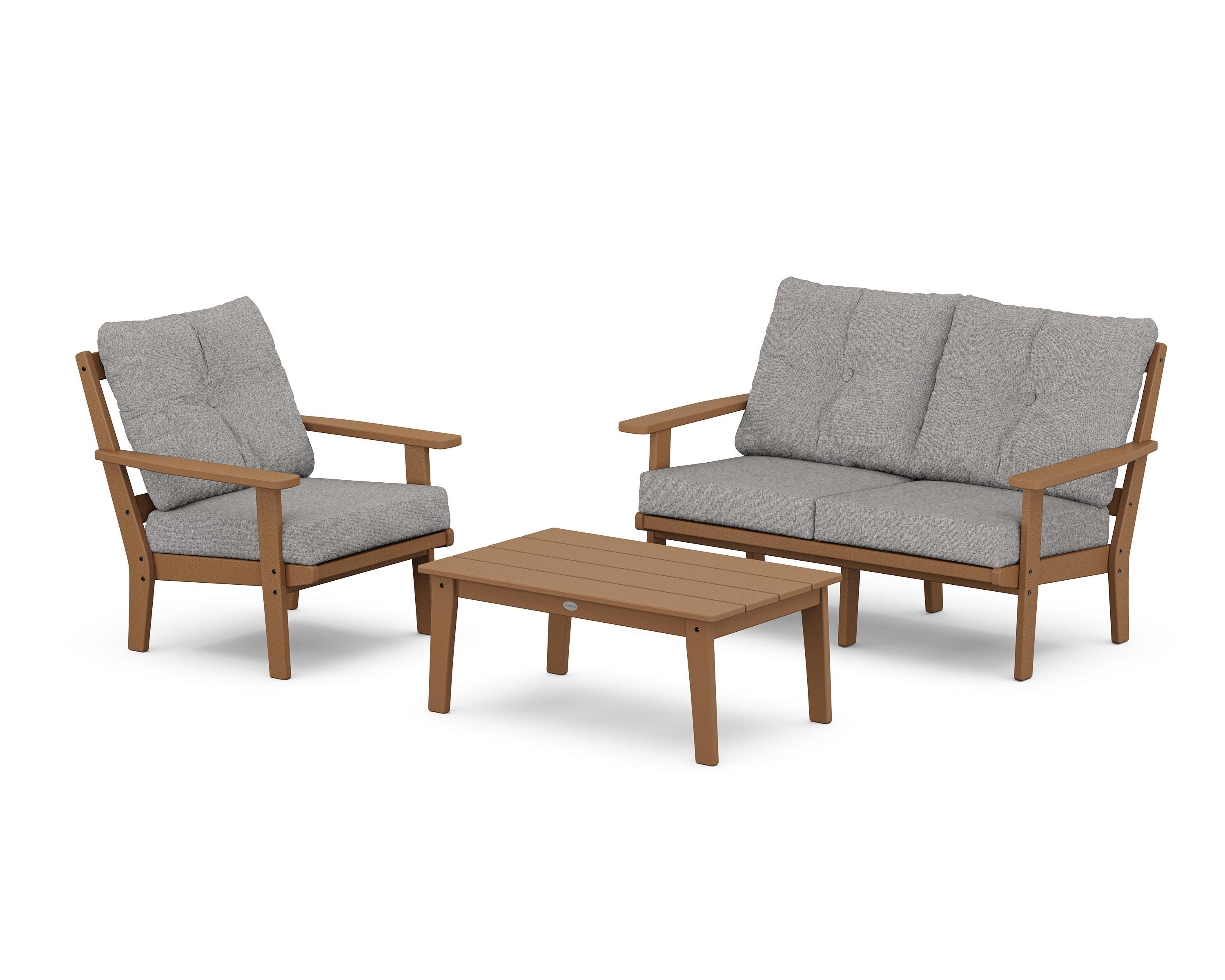 POLYWOOD Oxford 3-Piece Deep Seating Set with Loveseat in Teak / Grey Mist