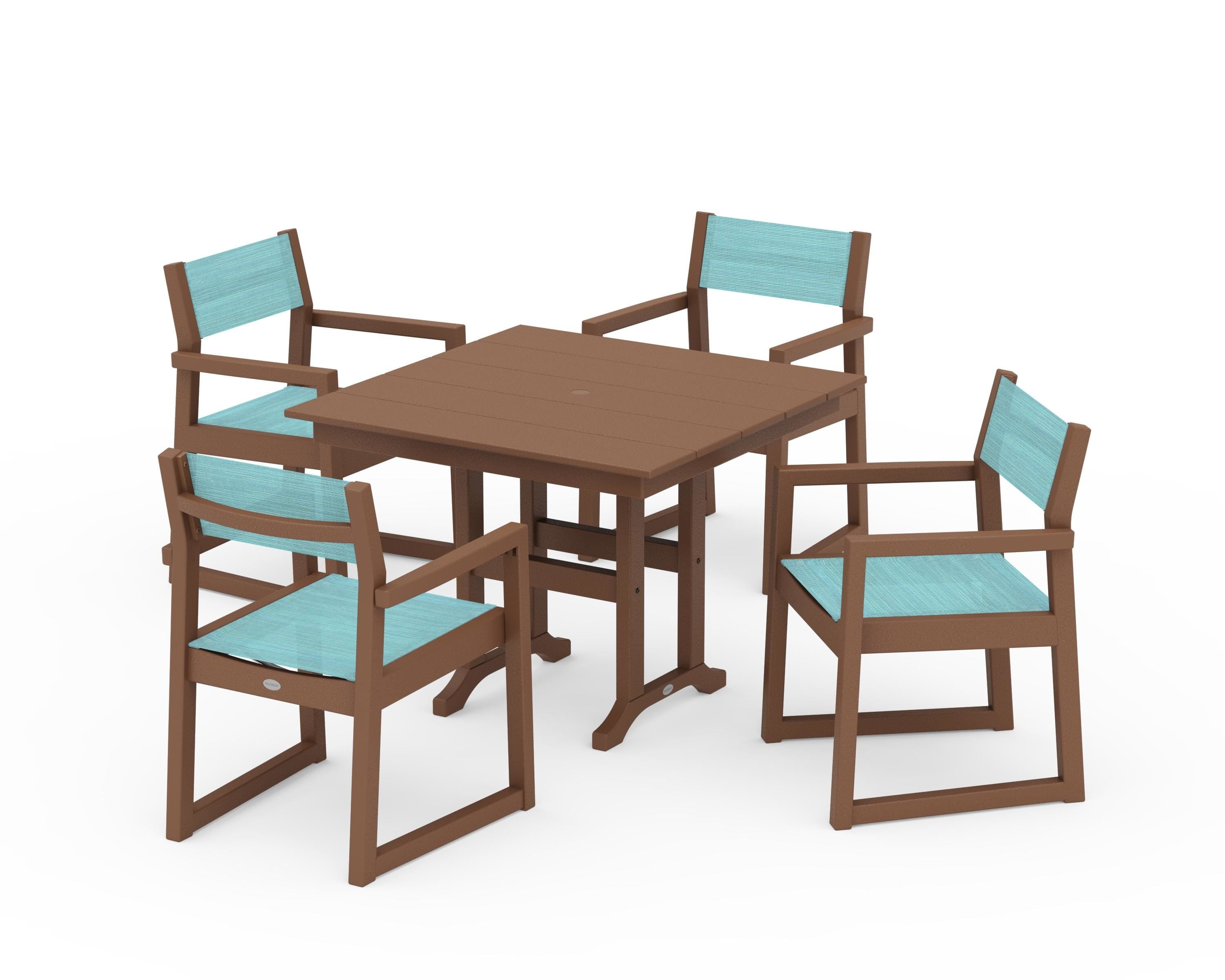 POLYWOOD EDGE Sling Arm Chair 5-Piece Farmhouse Dining Set in Teak / Dupioni Aquamarine Sling