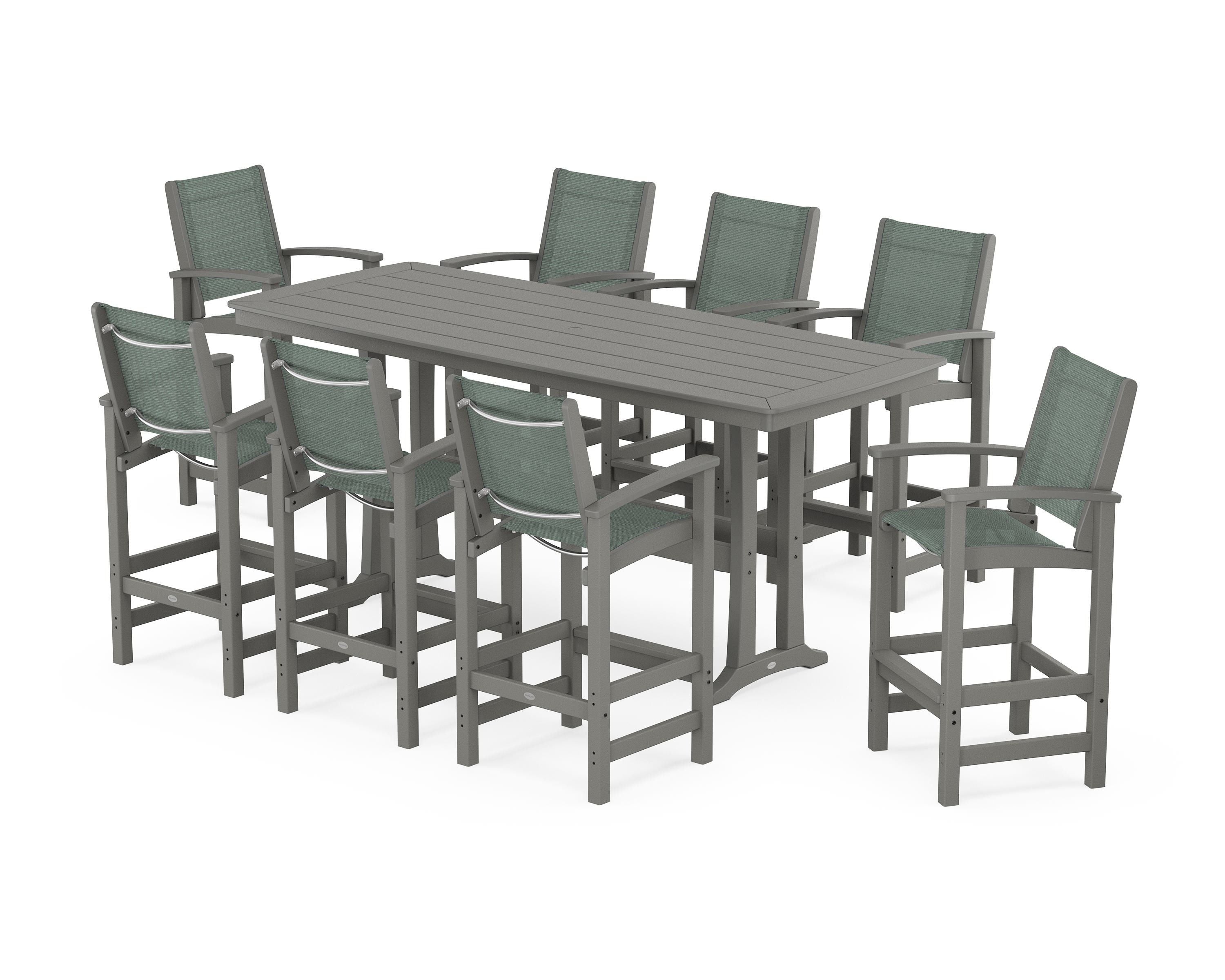 POLYWOOD Coastal 9-Piece Bar Set with Trestle Legs in Slate Grey / Dupioni Sea Mist Sling