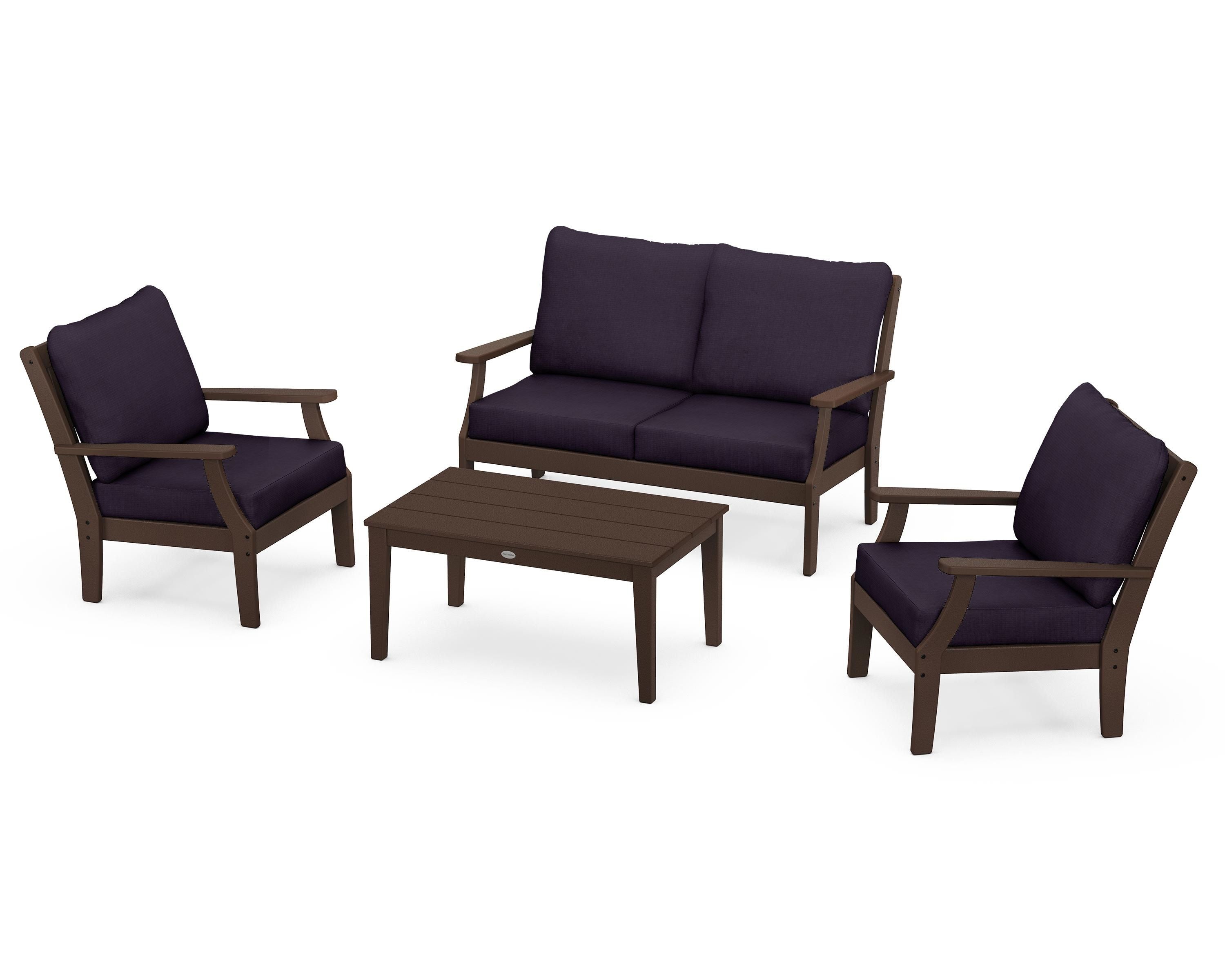 POLYWOOD Braxton 4-Piece Deep Seating Chair Set in Mahogany / Navy Linen