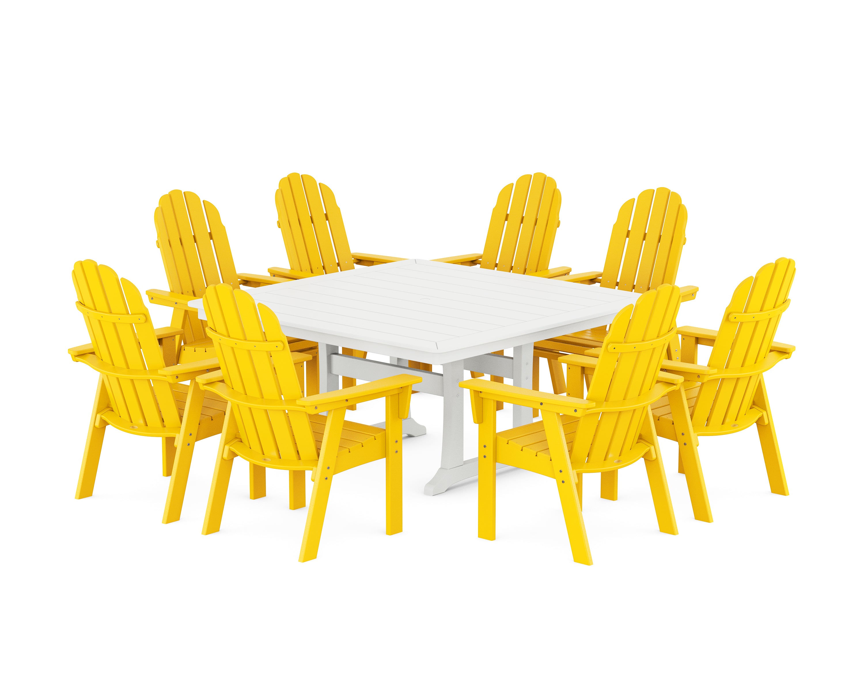 POLYWOOD Vineyard Curveback Adirondack 9-Piece Nautical Trestle Dining Set in Lemon / White