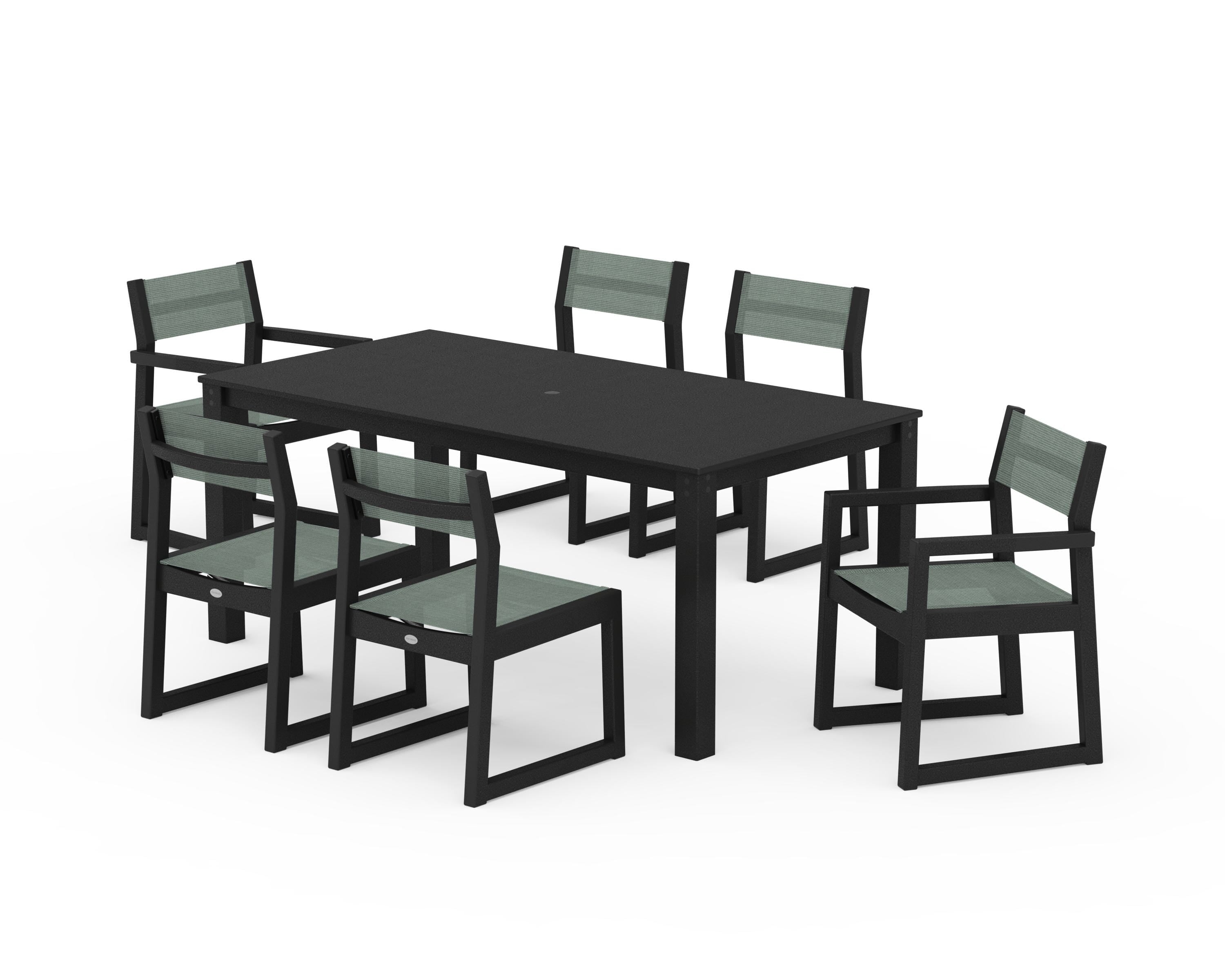 POLYWOOD EDGE Sling 7-Piece Parsons Dining Set in Black / Dupioni Sea Mist Sling