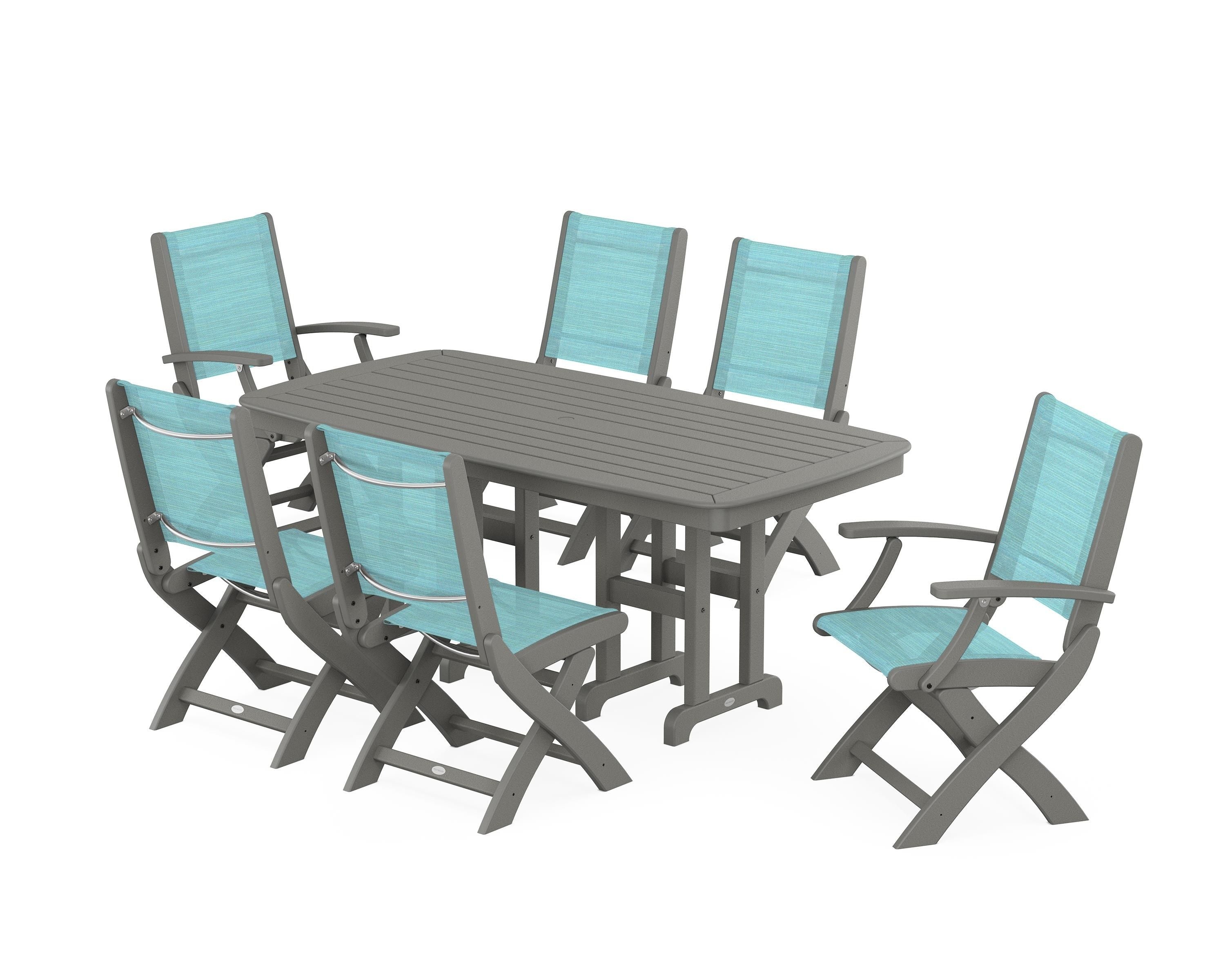 POLYWOOD Coastal Folding Chair 7-Piece Dining Set in Slate Grey / Dupioni Aquamarine Sling