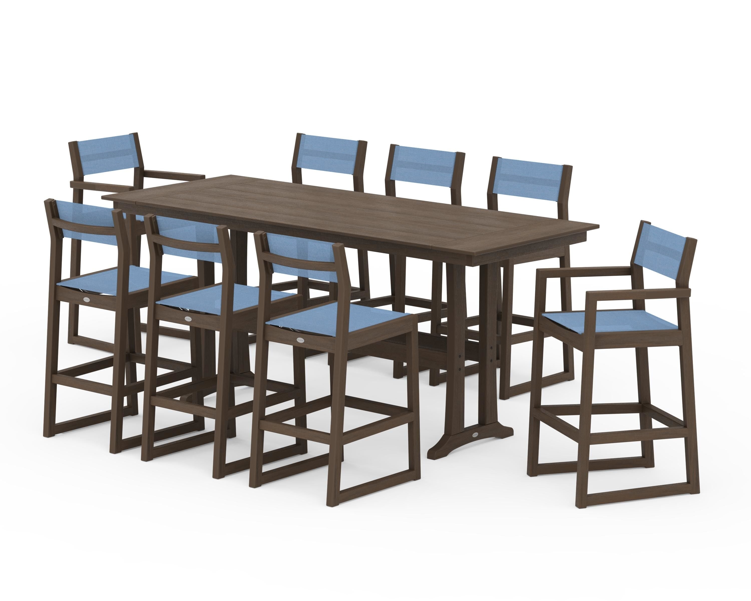 POLYWOOD EDGE Sling 9-Piece Farmhouse Bar Set with Trestle Legs in Kona / Poolside Sling