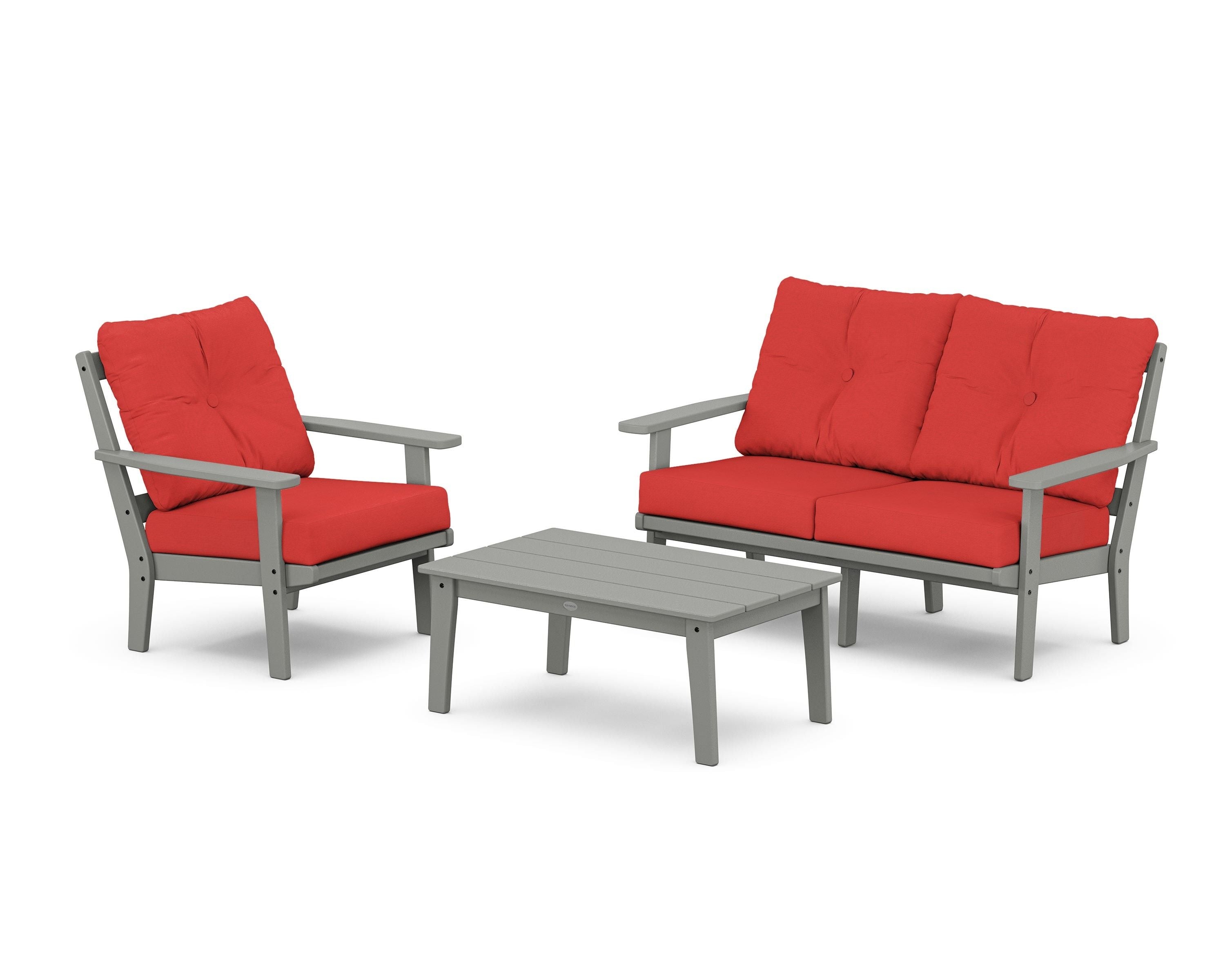 POLYWOOD Oxford 3-Piece Deep Seating Set with Loveseat in Slate Grey / Crimson Linen