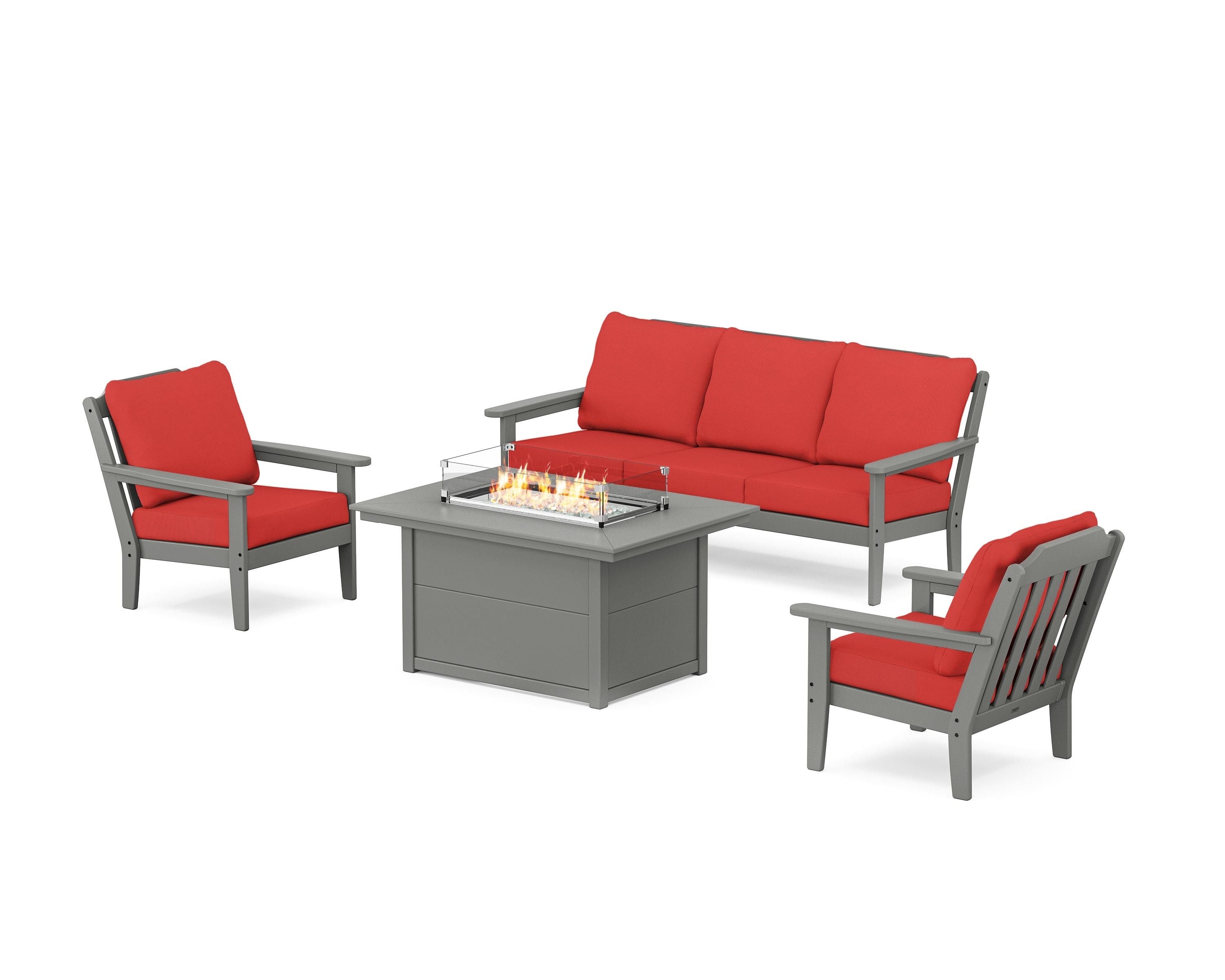 Country Living Cottage Deep Seating Fire Pit Table Set in Slate Grey / Crimson Linen