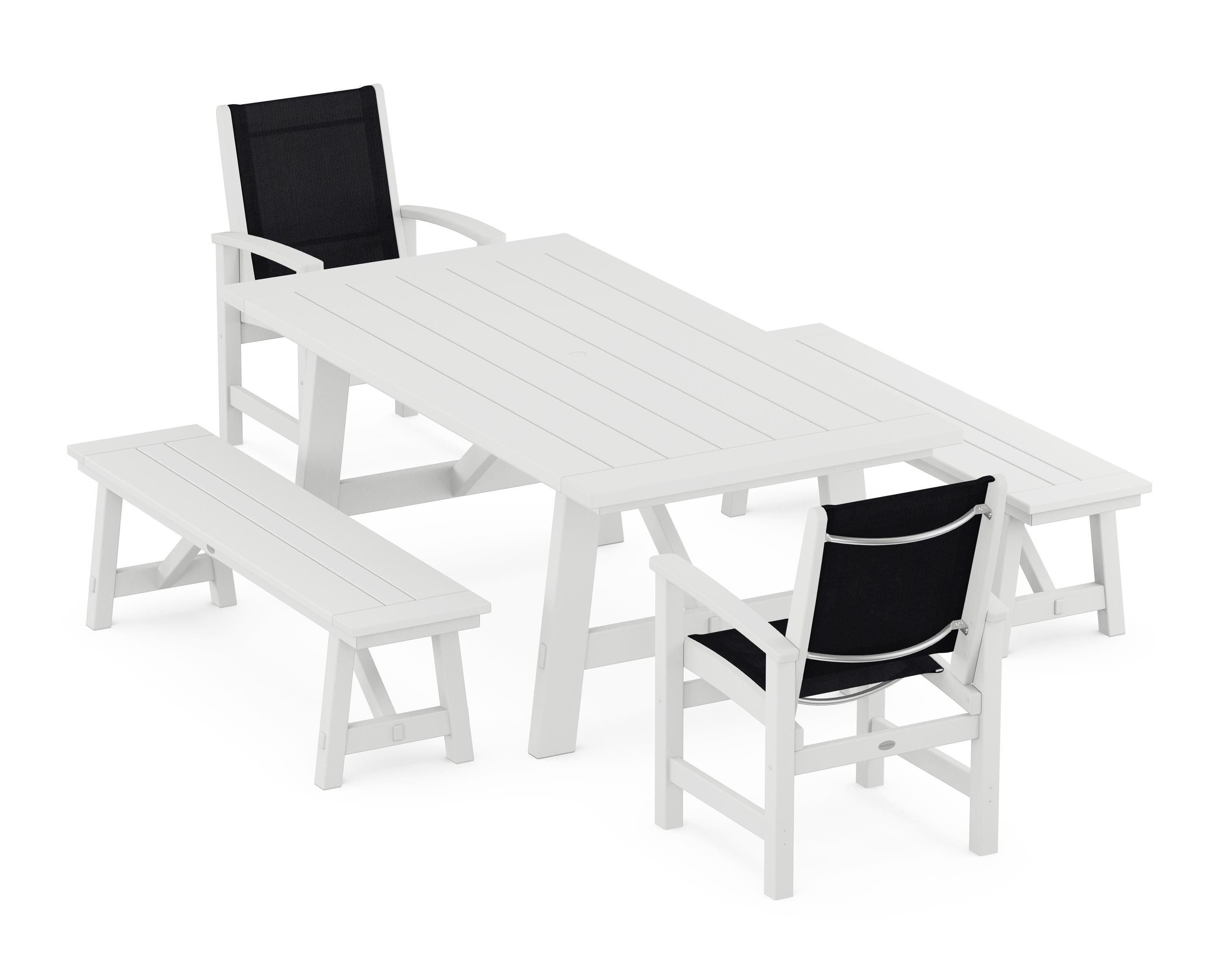 POLYWOOD Coastal 5-Piece Rustic Farmhouse Dining Set With Benches in White / Black Sling