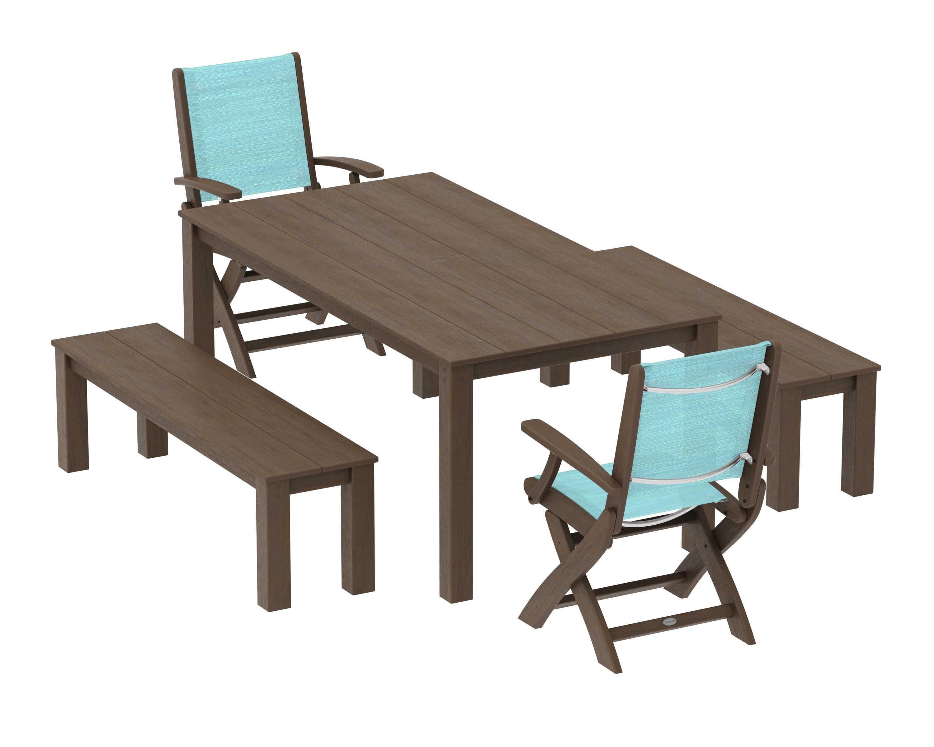 POLYWOOD Coastal Folding Chair 5-Piece Parsons Dining Set with Benches in Kona / Dupioni Aquamarine Sling
