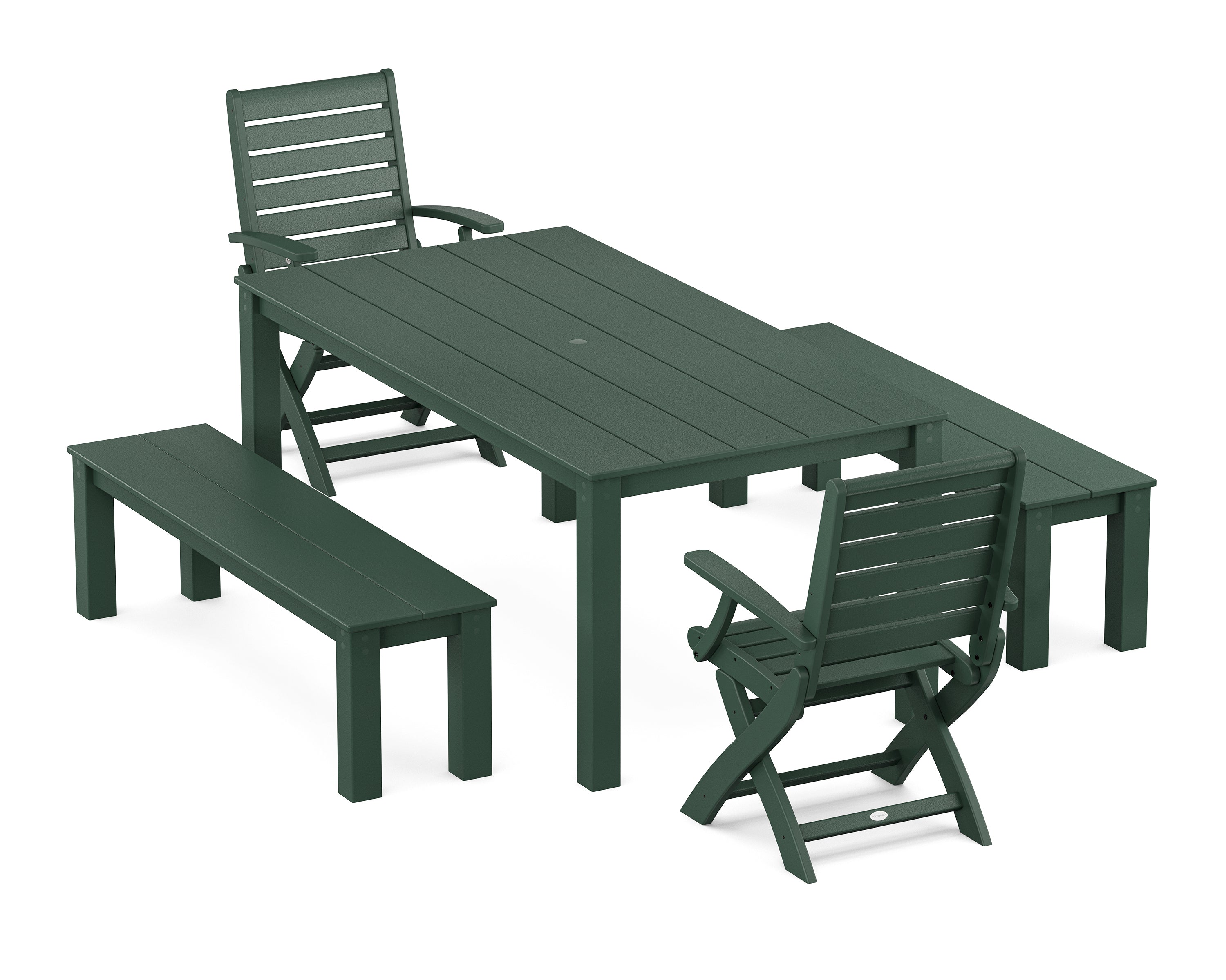 POLYWOOD Signature Folding Chair 5-Piece Parsons Dining Set with Benches in Green