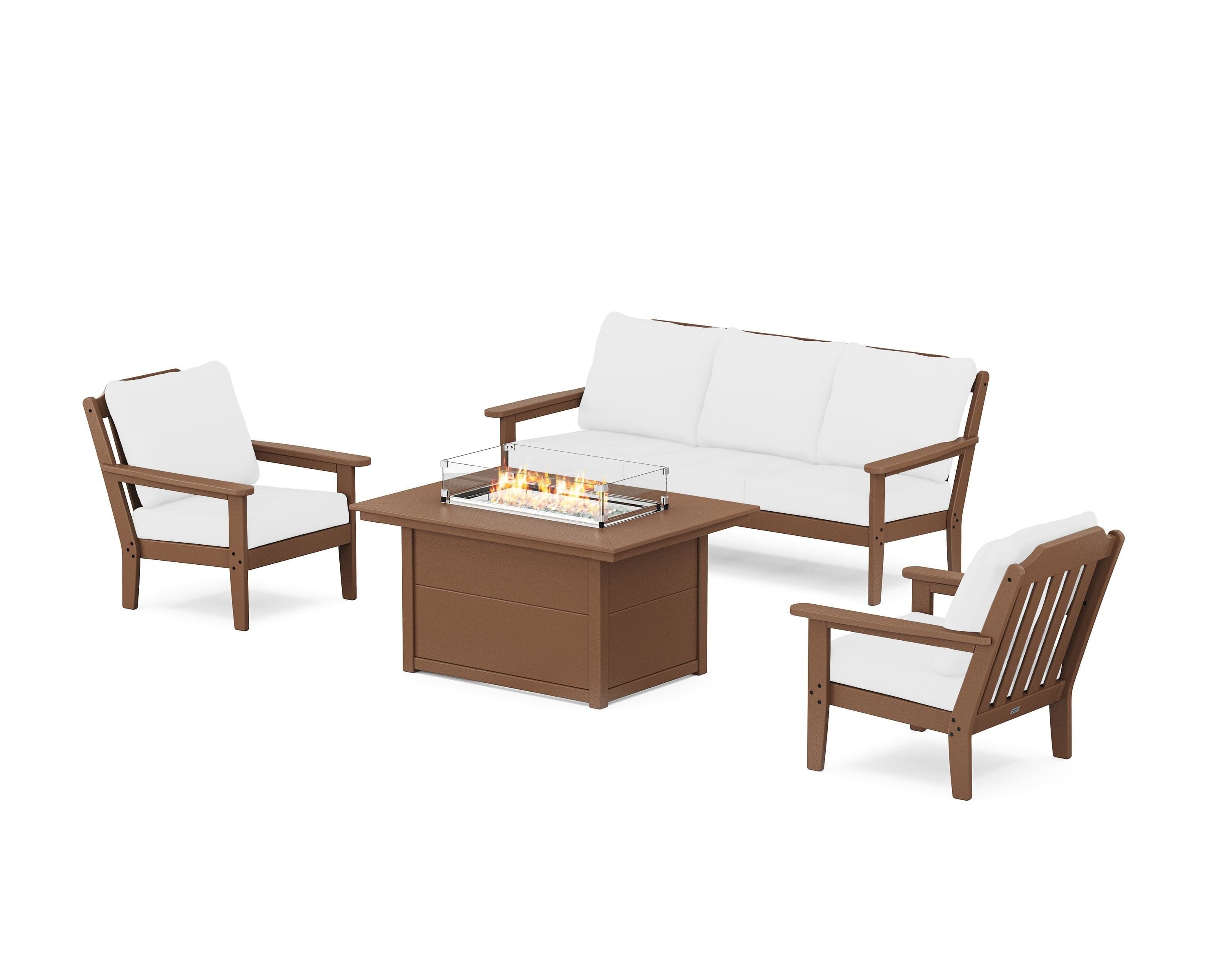 Country Living Cottage Deep Seating Fire Pit Table Set in Teak / Natural