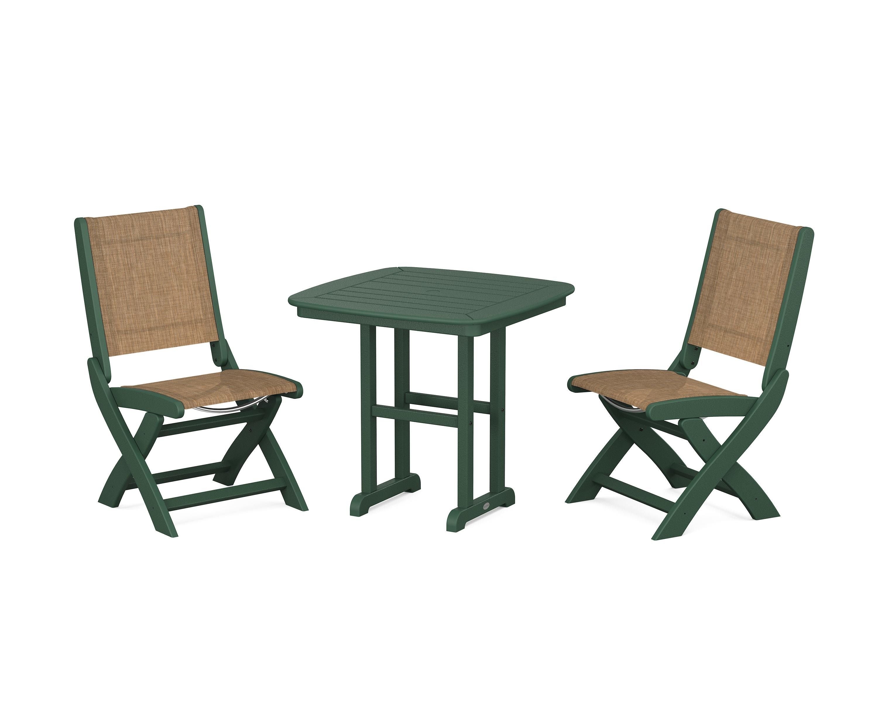 POLYWOOD Coastal Folding Side Chair 3-Piece Dining Set in Green / Burlap Sling