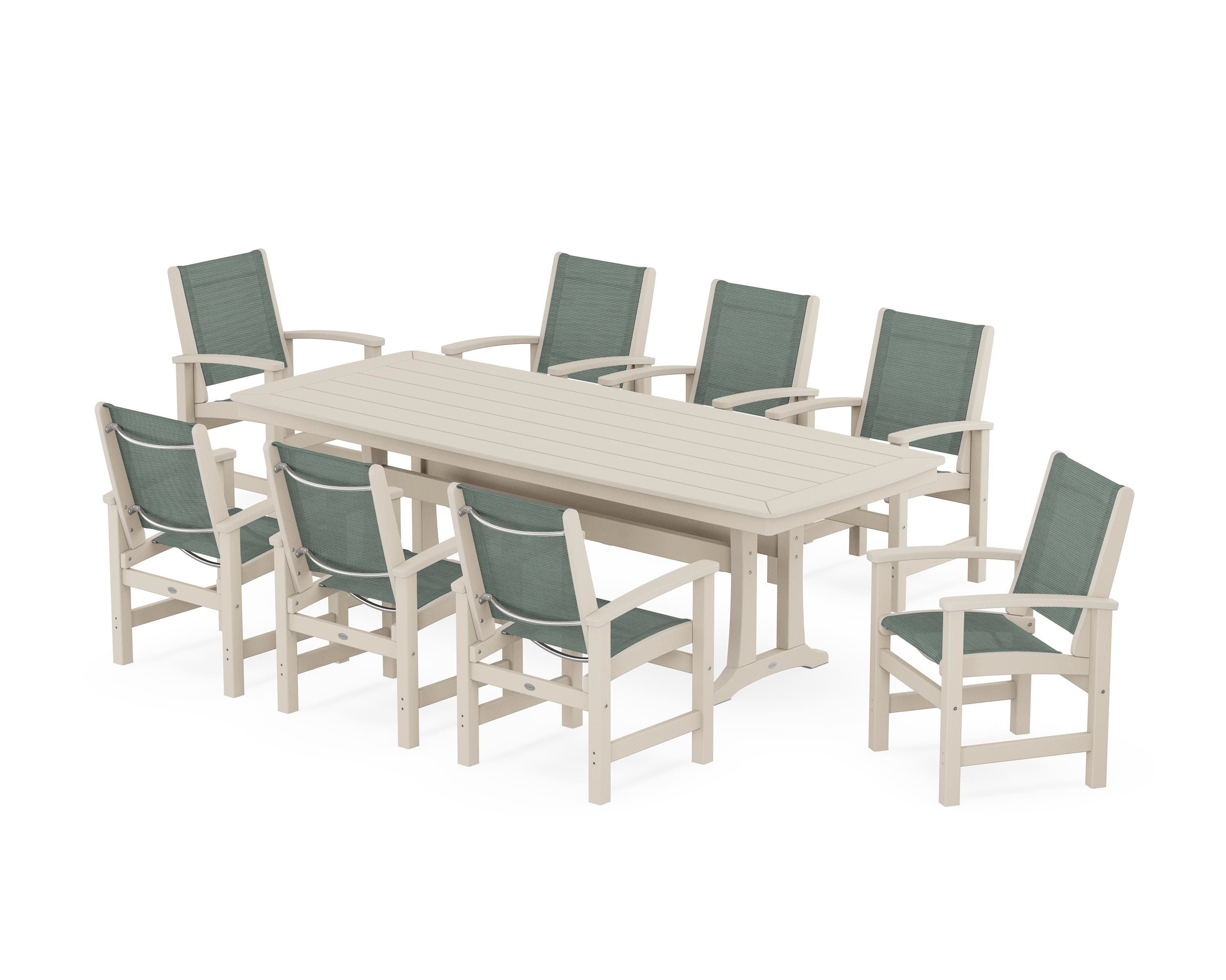 POLYWOOD Coastal 9-Piece Dining Set with Trestle Legs in Sand / Dupioni Sea Mist Sling