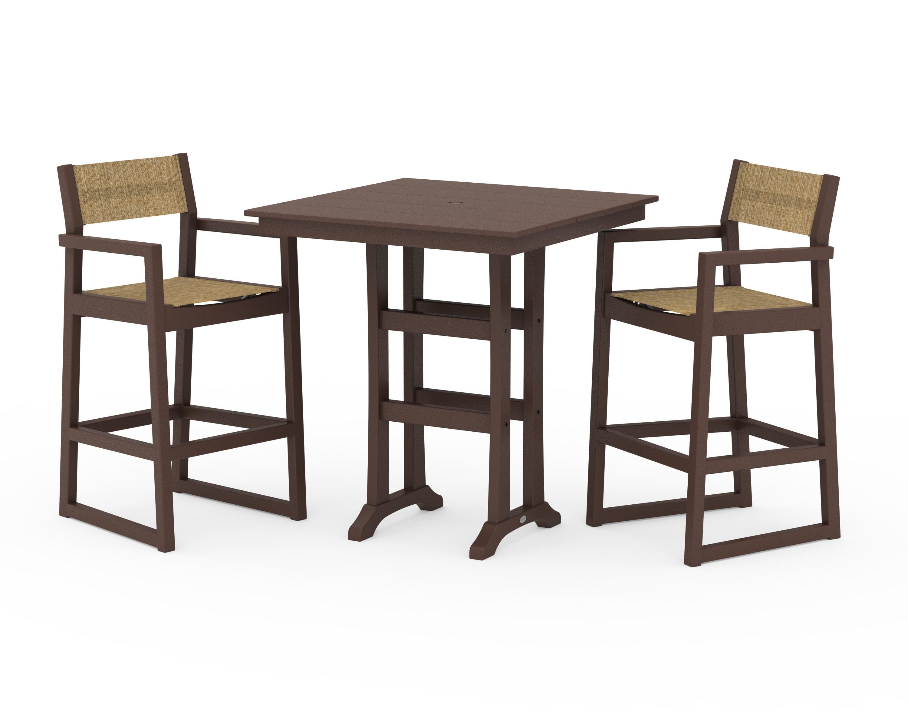 POLYWOOD EDGE Sling Arm Chair 3-Piece Farmhouse Bar Set with Trestle Legs in Mahogany / Burlap Sling