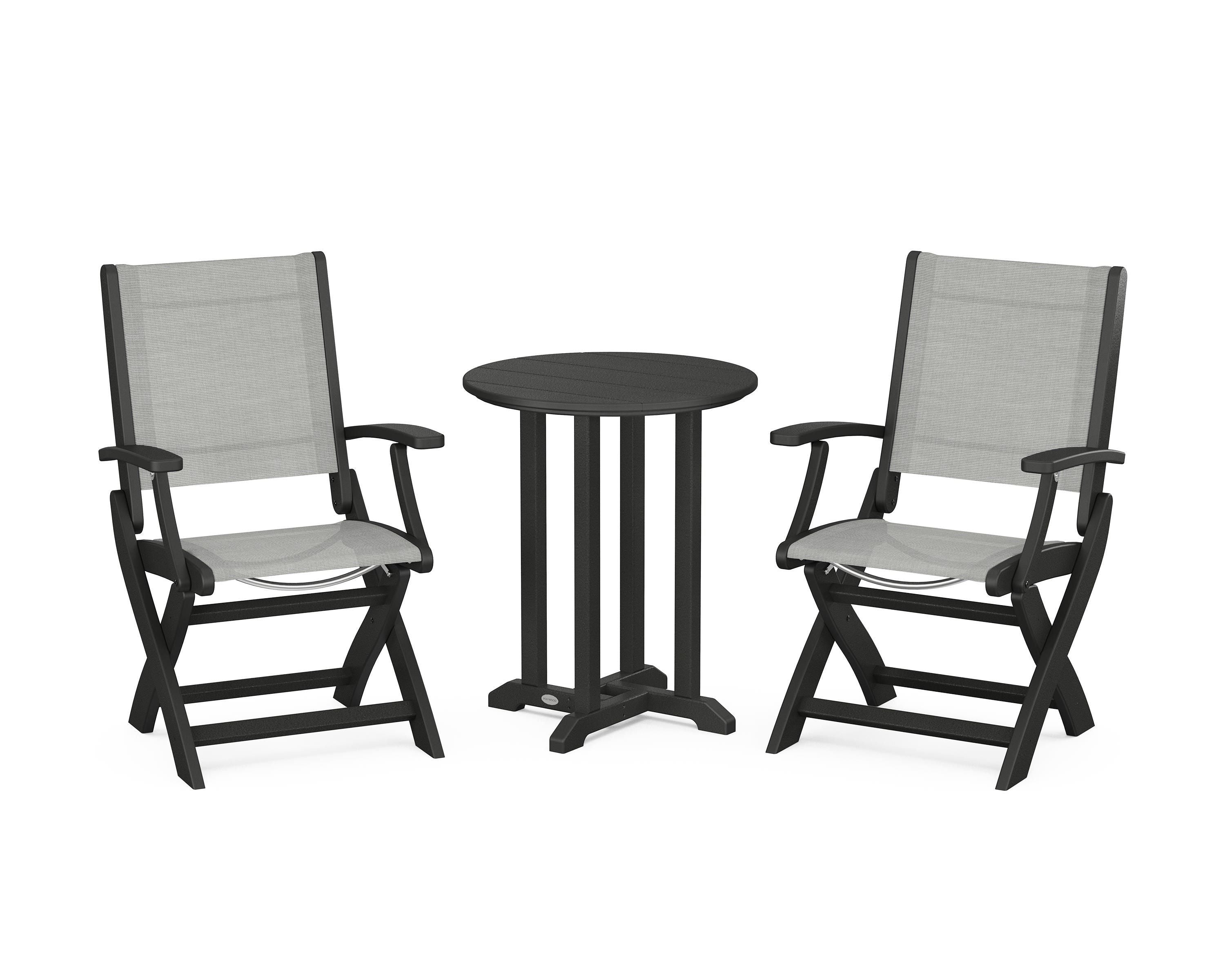 POLYWOOD Coastal Folding 3-Piece Round Bistro Dining Set in Black / Metallic Sling