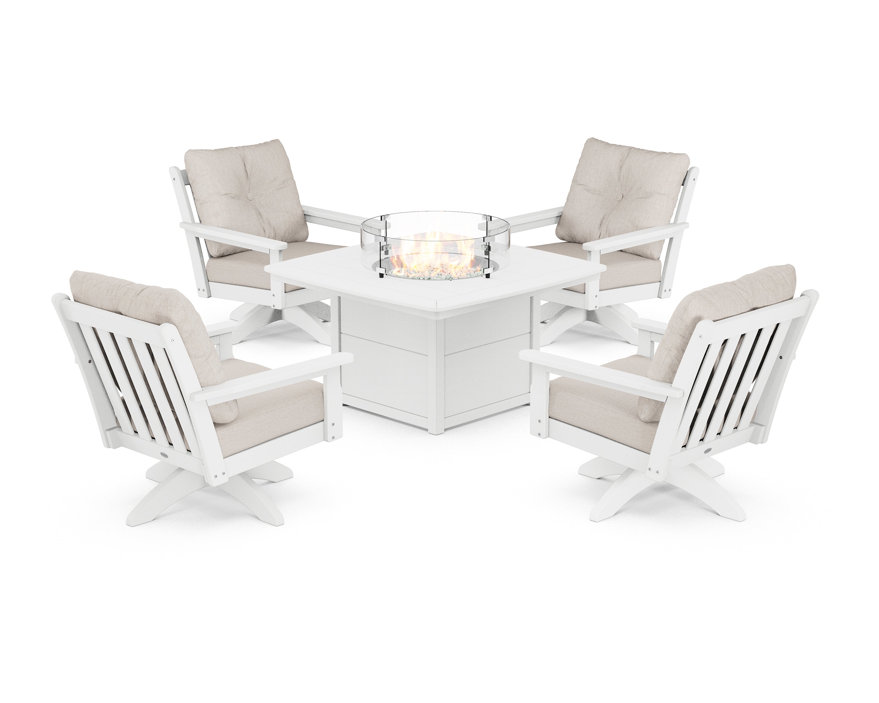 POLYWOOD Vineyard 5-Piece Deep Seating Swivel Conversation Set with Fire Pit Table in White / Cast Ash