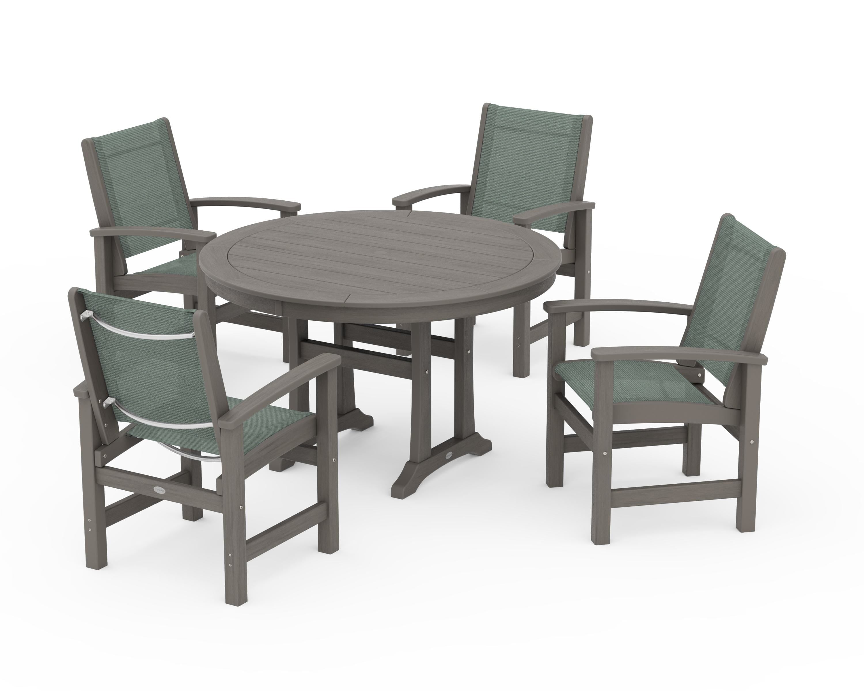 POLYWOOD Coastal 5-Piece Round Dining Set with Trestle Legs in Driftwood / Dupioni Sea Mist Sling