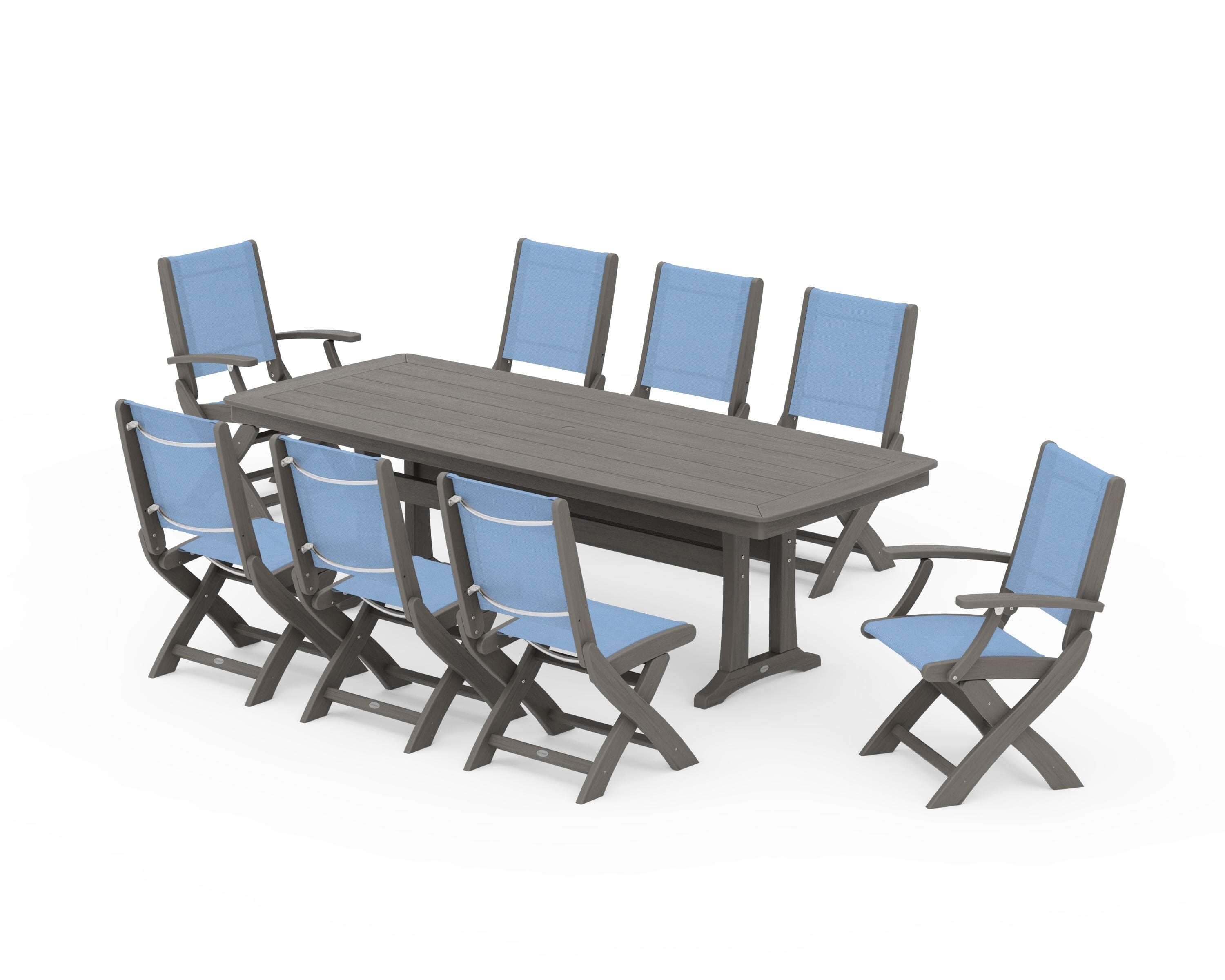 POLYWOOD Coastal Folding 9-Piece Dining Set with Trestle Legs in Driftwood / Poolside Sling
