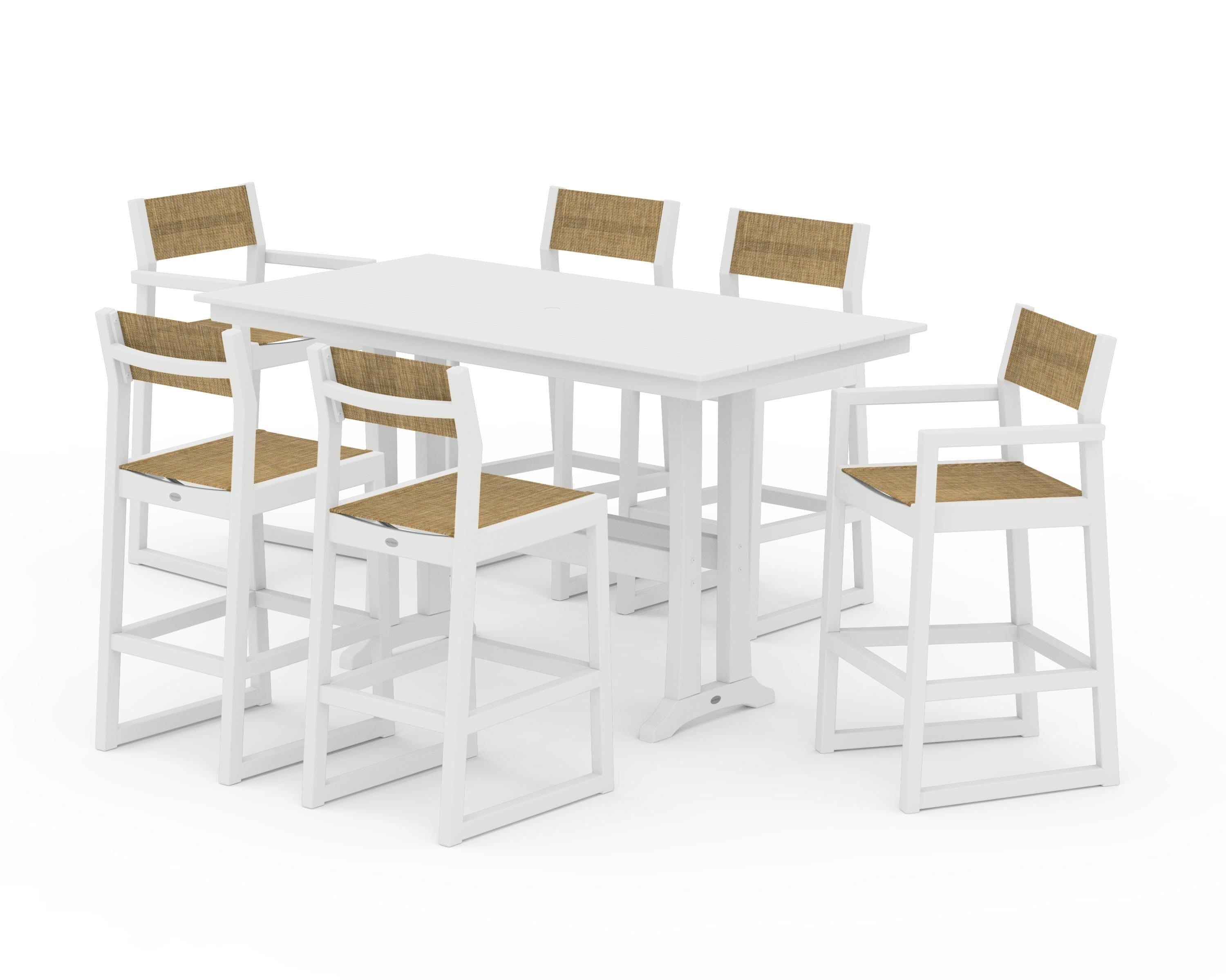 POLYWOOD EDGE Sling 7-Piece Farmhouse Bar Set with Trestle Legs in White / Burlap Sling