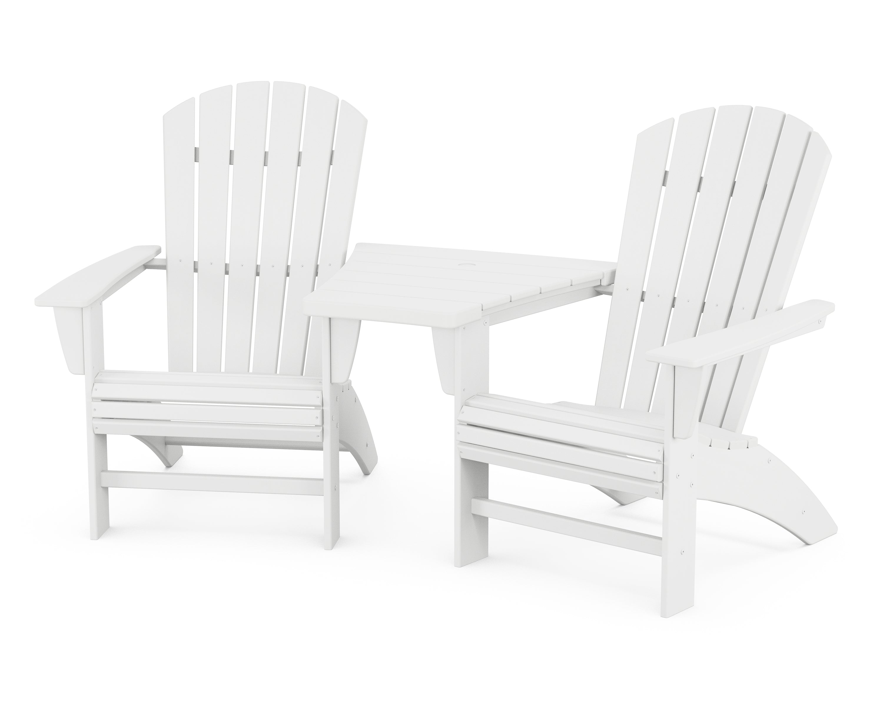 POLYWOOD® Nautical 3-Piece Curveback Adirondack Set with Angled Connecting Table in White