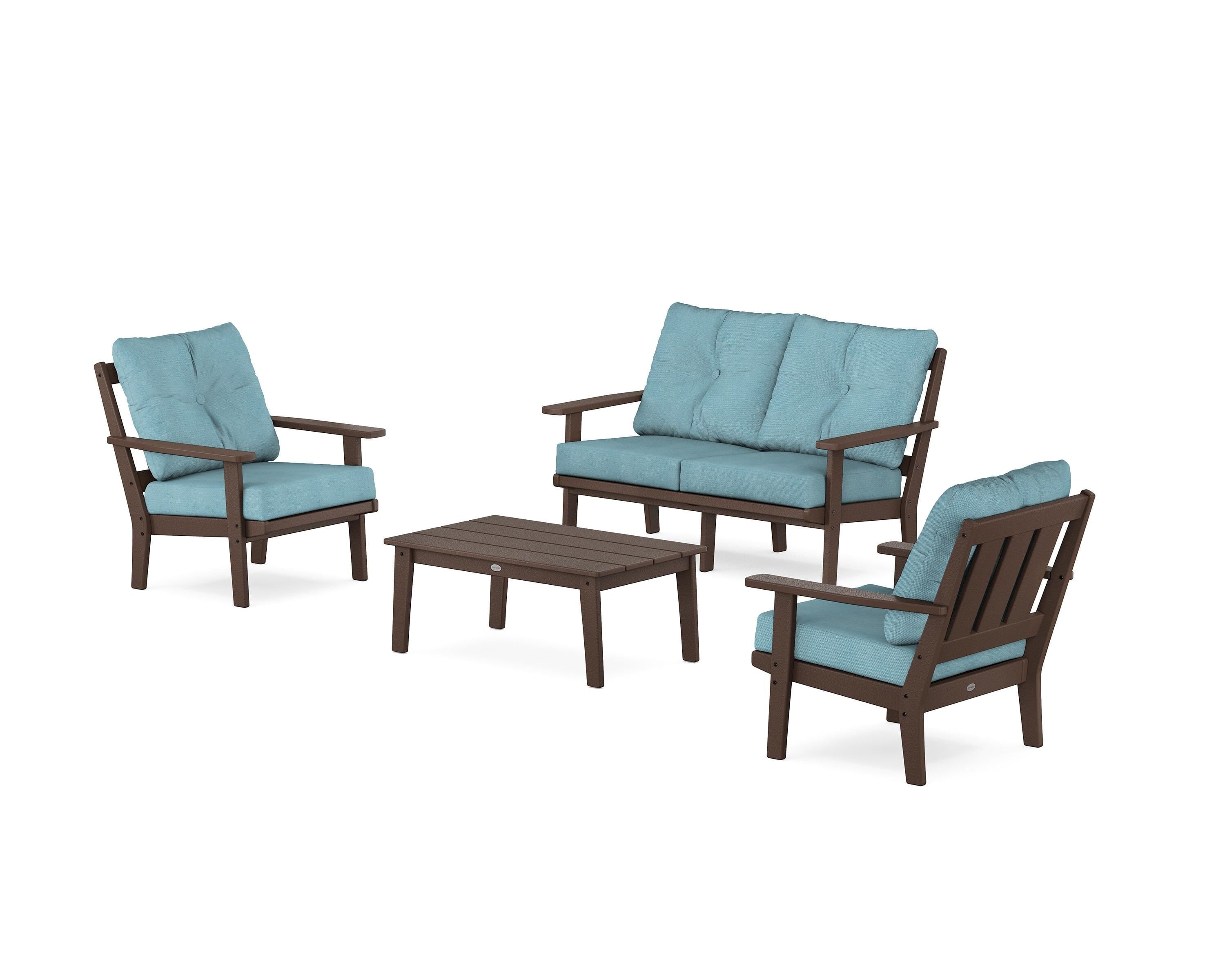 POLYWOOD Oxford 4-Piece Deep Seating Set with Loveseat in Mahogany / Lattice Sky Blue