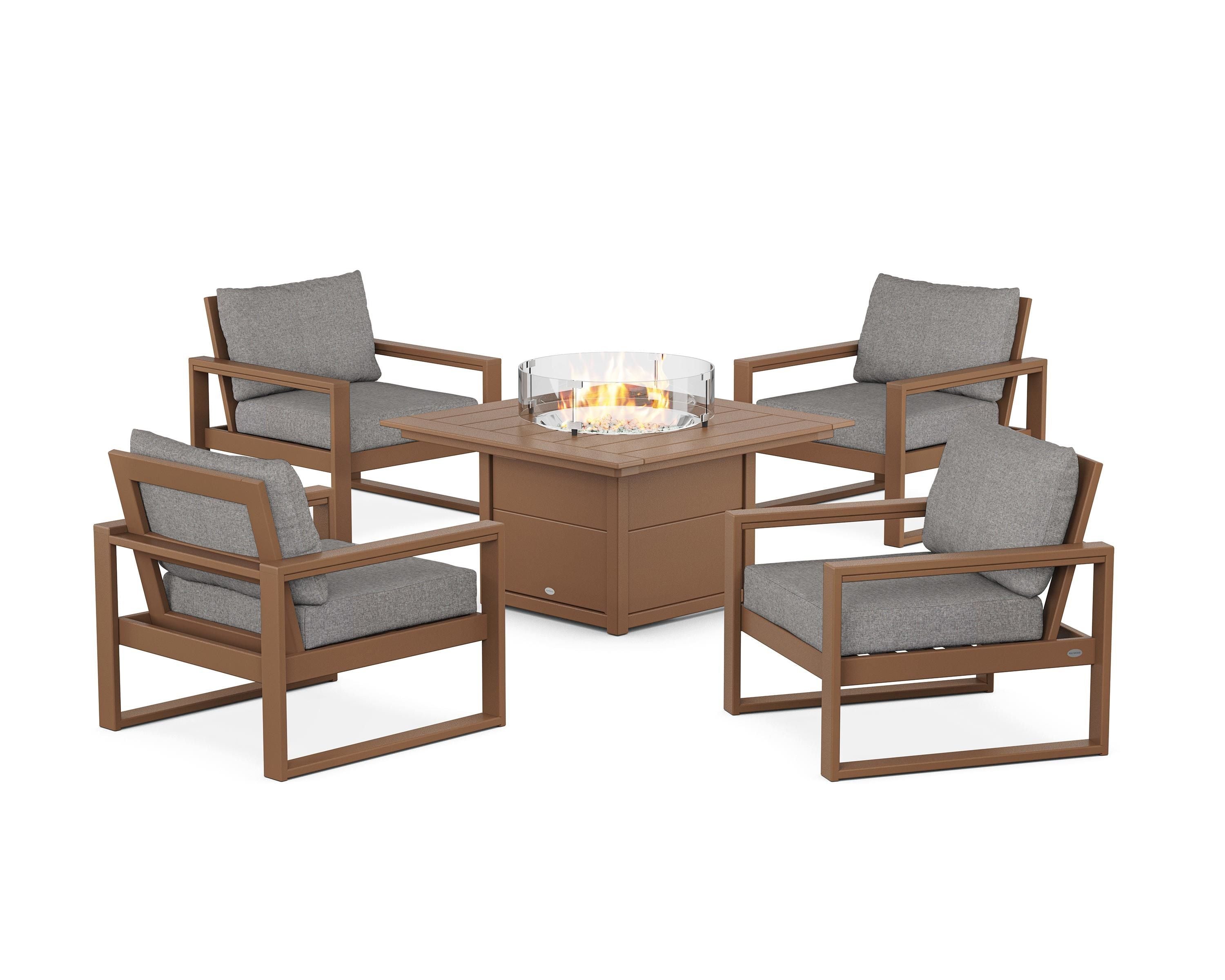 POLYWOOD EDGE Sectional 5-Piece Deep Seating Set with Fire Pit Table in Teak / Grey Mist