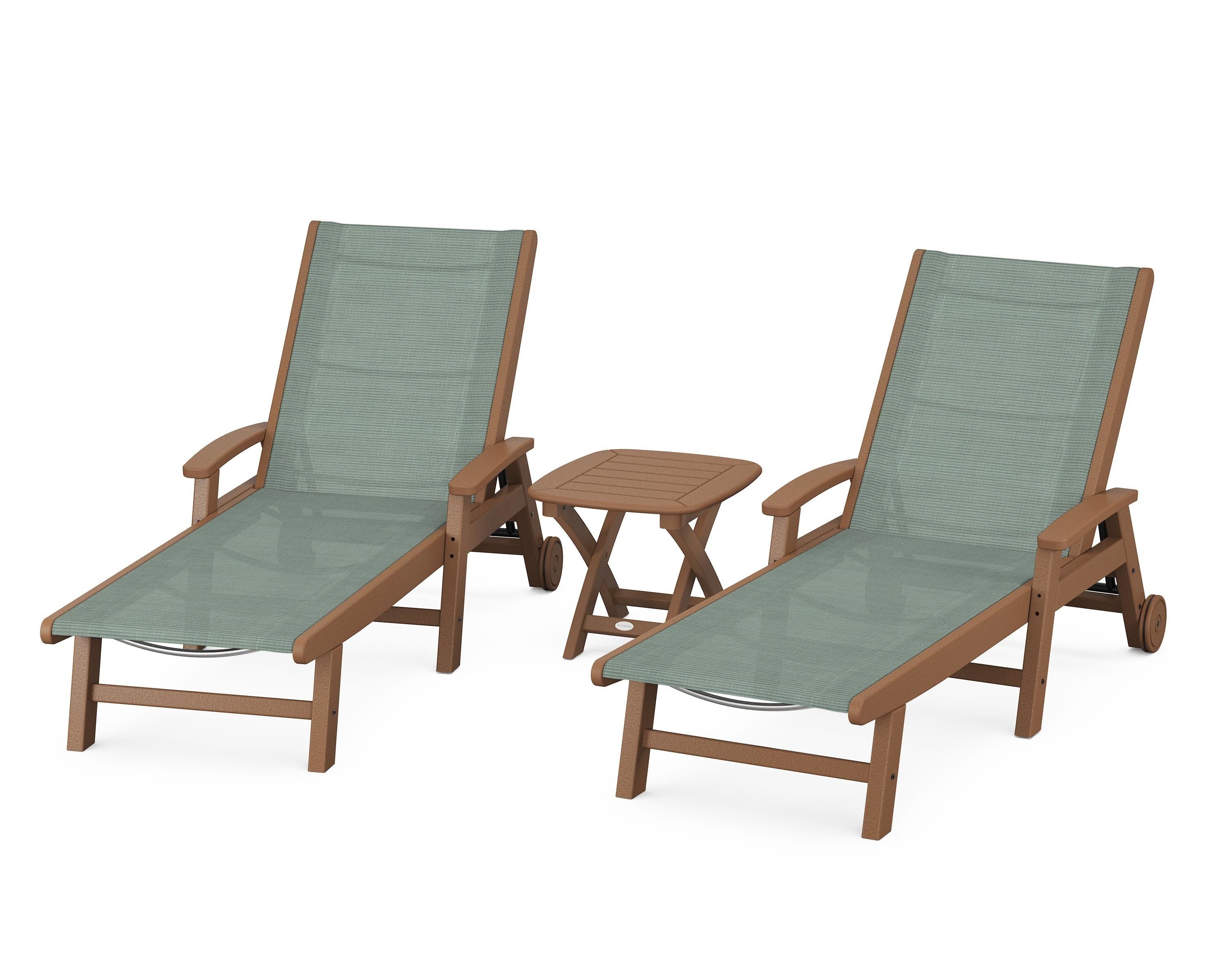 POLYWOOD Coastal 3-Piece Wheeled Chaise Set in Teak / Dupioni Sea Mist Sling