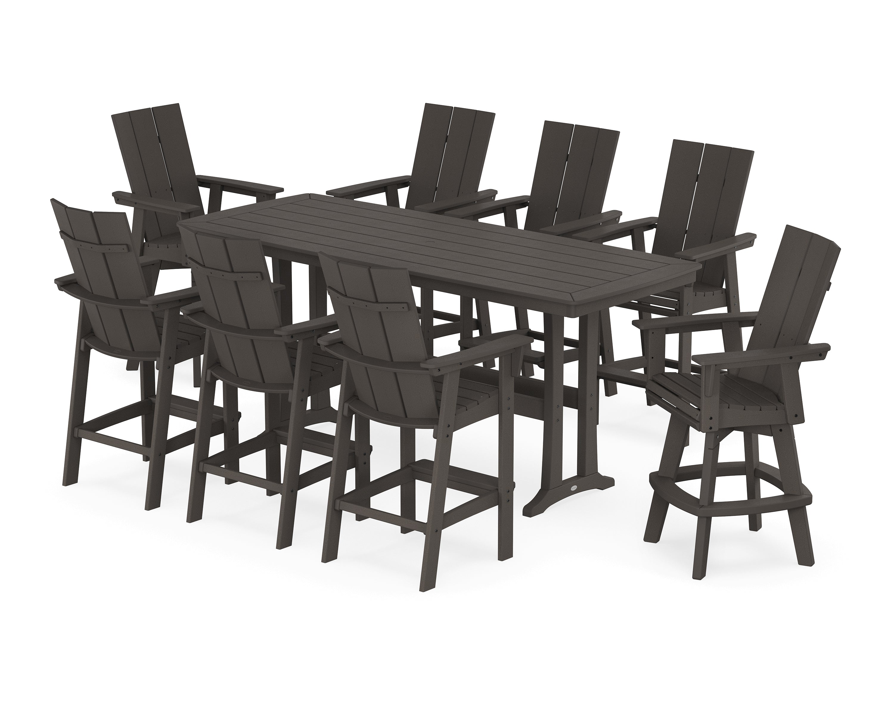 POLYWOOD® Modern Curveback Adirondack Swivel 9-Piece Bar Set with Trestle Legs in Vintage Coffee