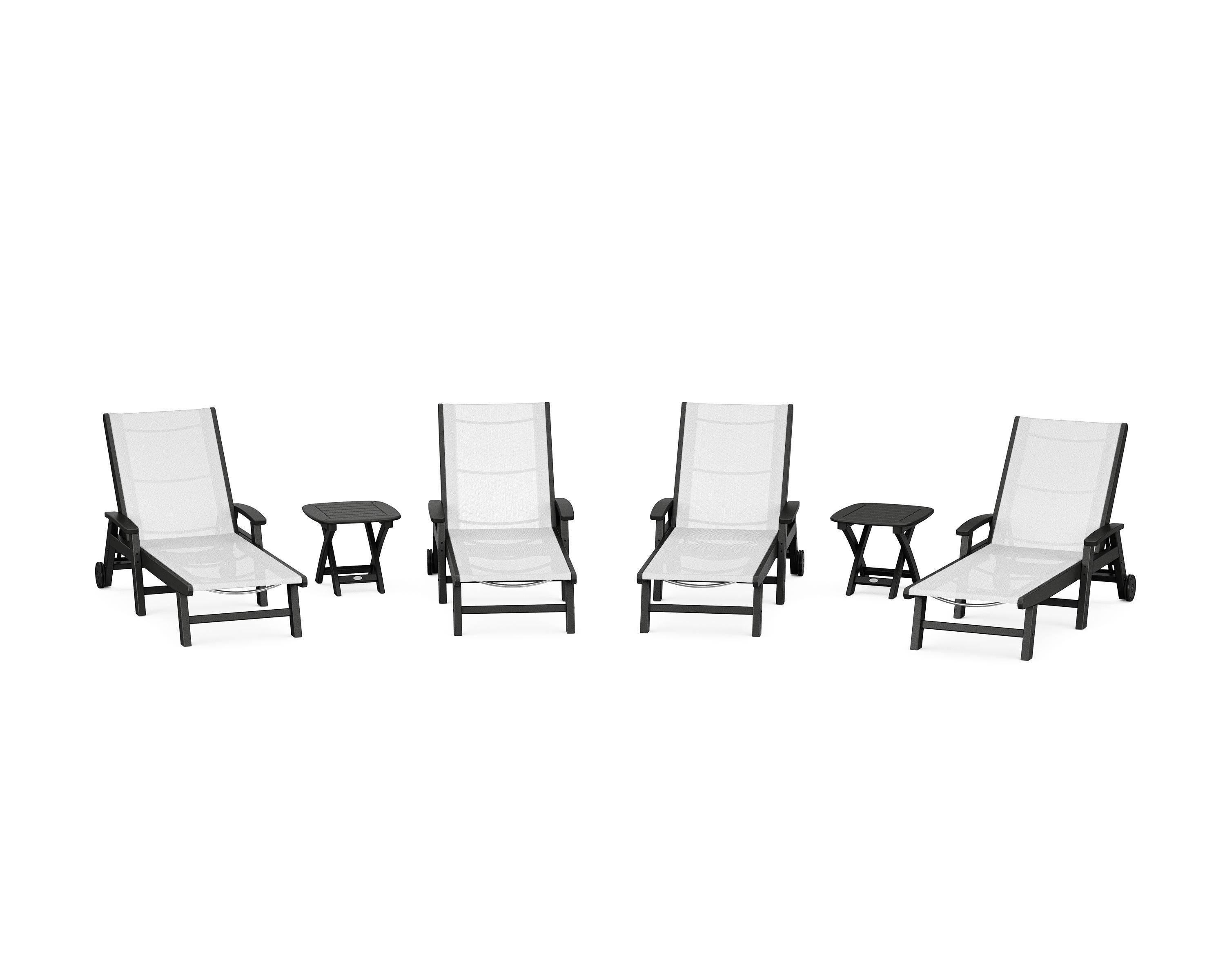 POLYWOOD Coastal Chaise 6-Piece Set with Wheels in Black / White Sling