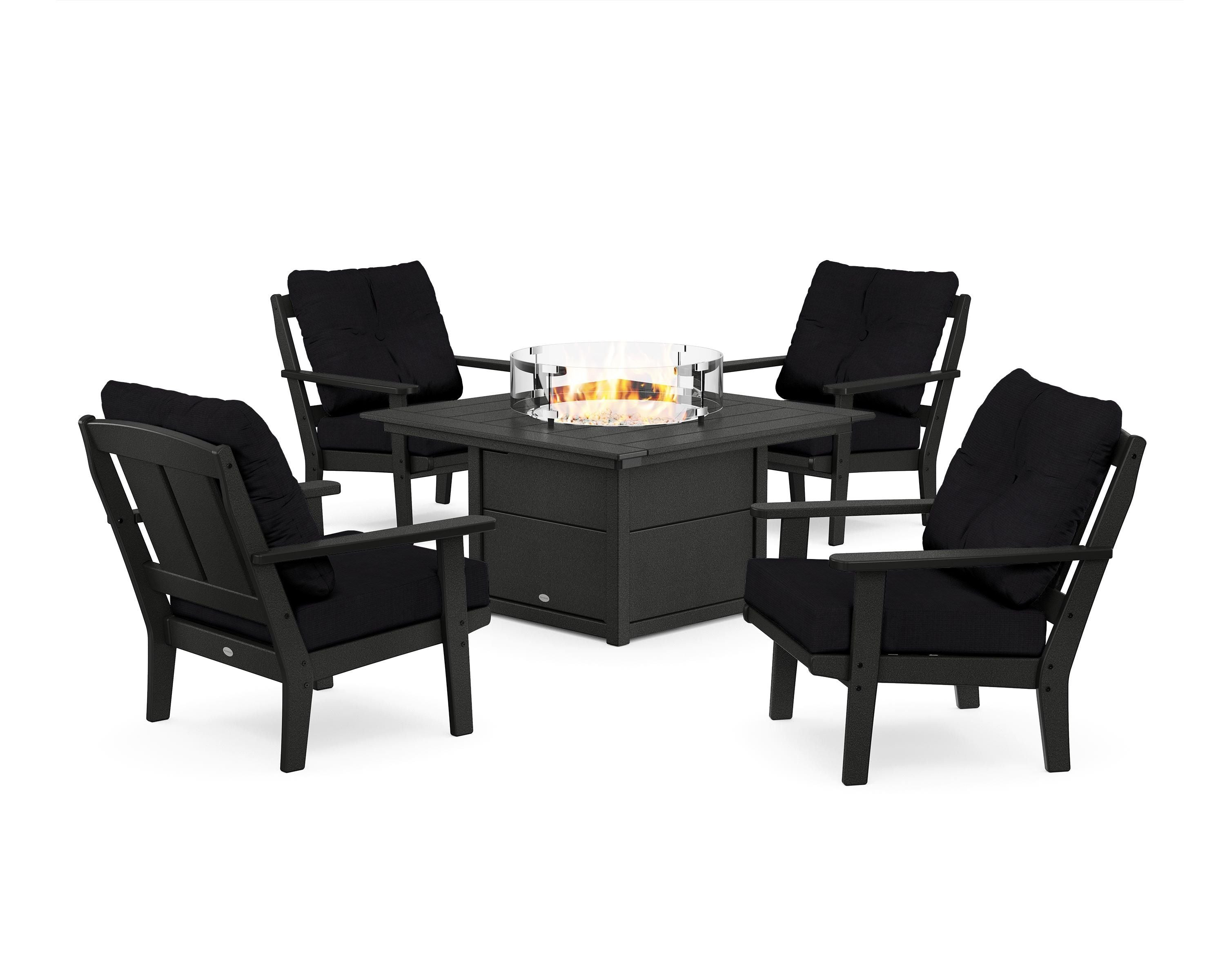 POLYWOOD Mission 5-Piece Deep Seating Set with Fire Pit Table in Black / Midnight Linen