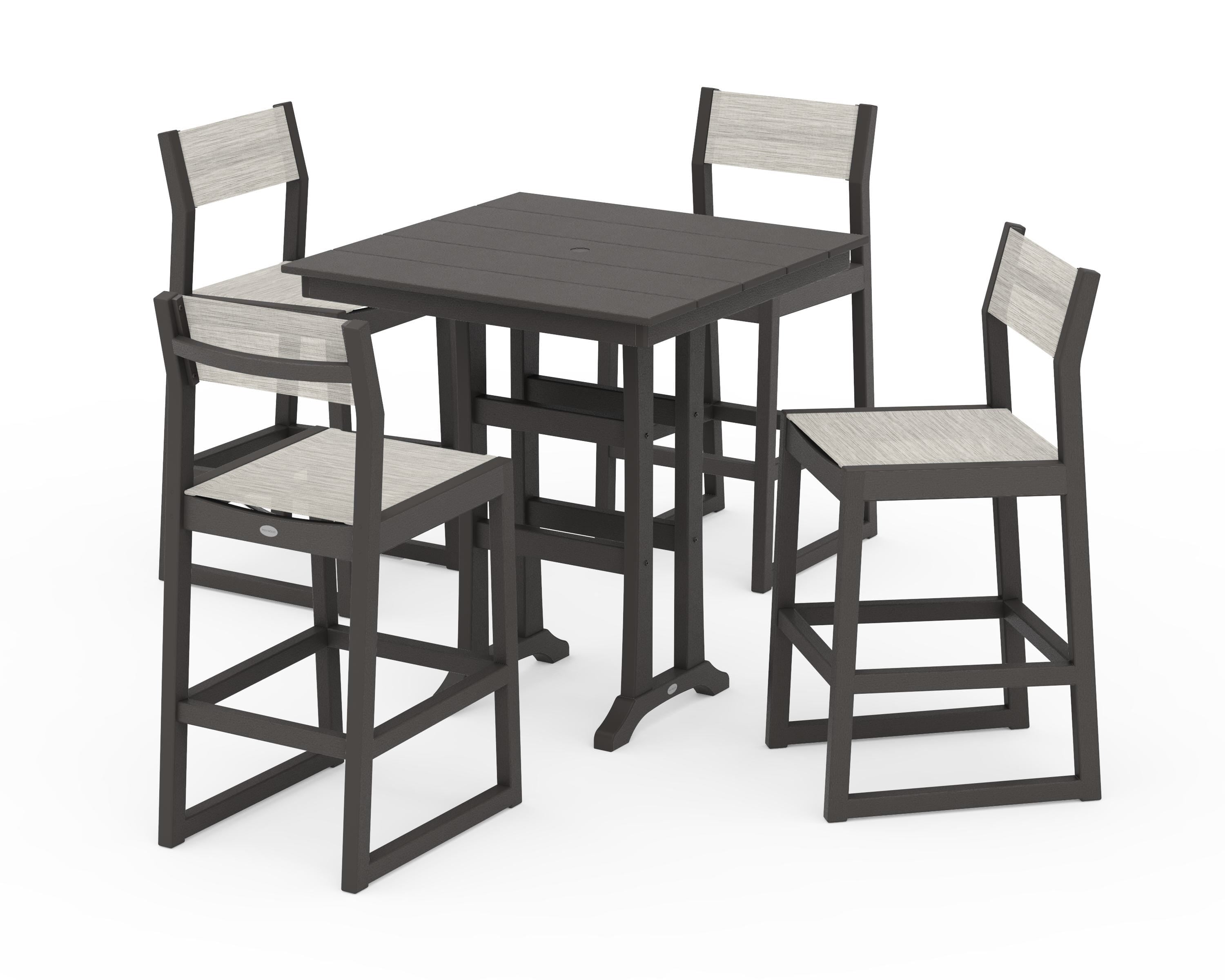 POLYWOOD EDGE Sling Arm Chair 5-Piece Farmhouse Bar Set with Trestle Legs in Vintage Coffee / Birch Sling