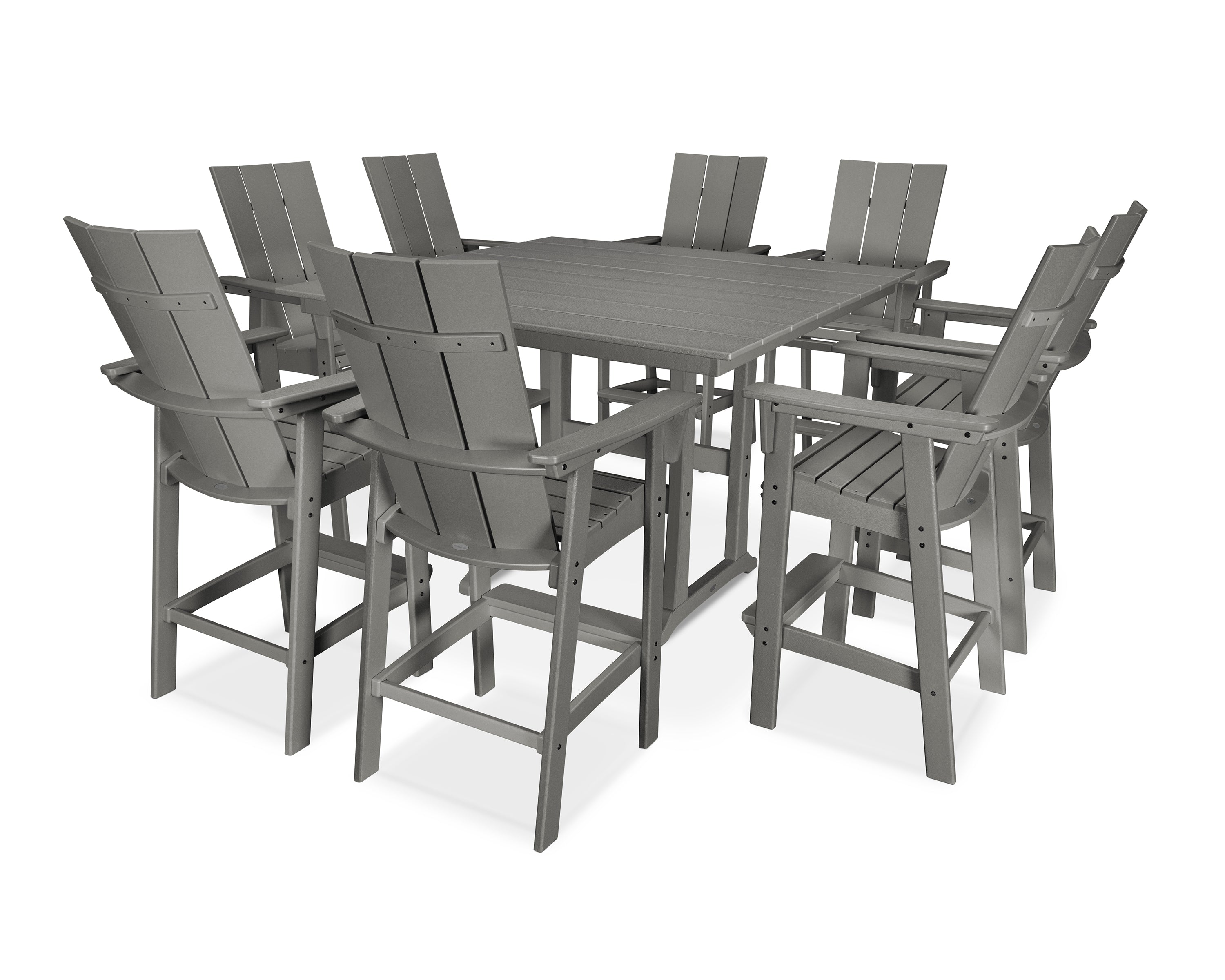 POLYWOOD® Modern Curveback Adirondack 9-Piece Farmhouse Trestle Bar Set in Slate Grey