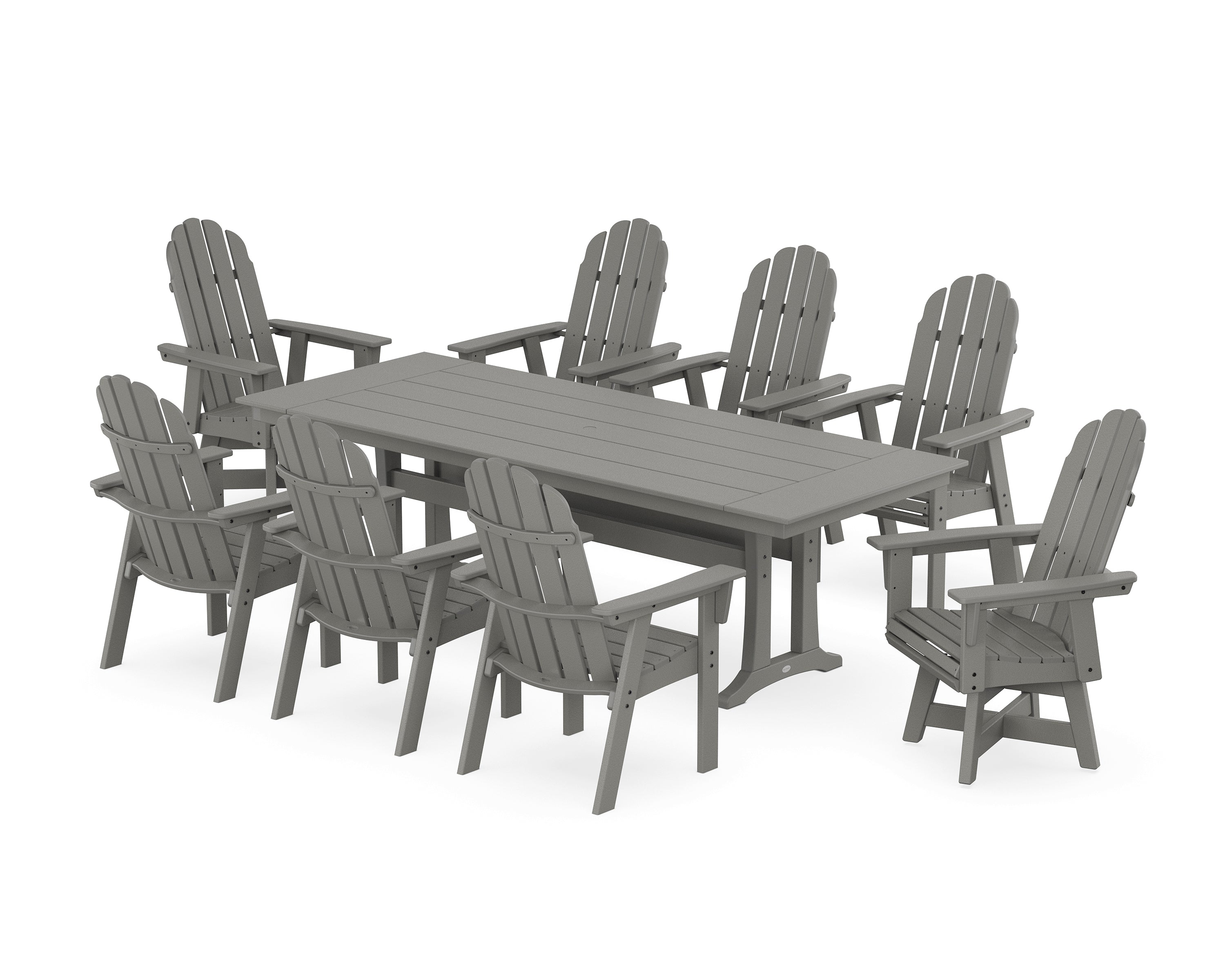 POLYWOOD® Vineyard 9-Piece Curveback Adirondack Swivel Farmhouse Dining Set with Trestle Legs in Slate Grey