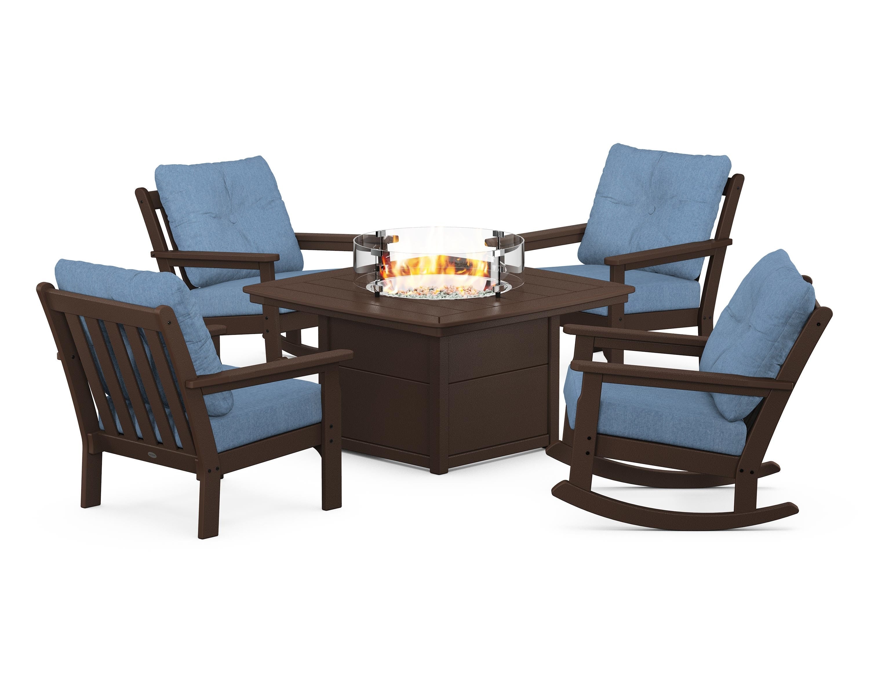 POLYWOOD Vineyard 5-Piece Deep Seating Rocking Chair Conversation Set with Fire Pit Table in Mahogany / Sky Blue
