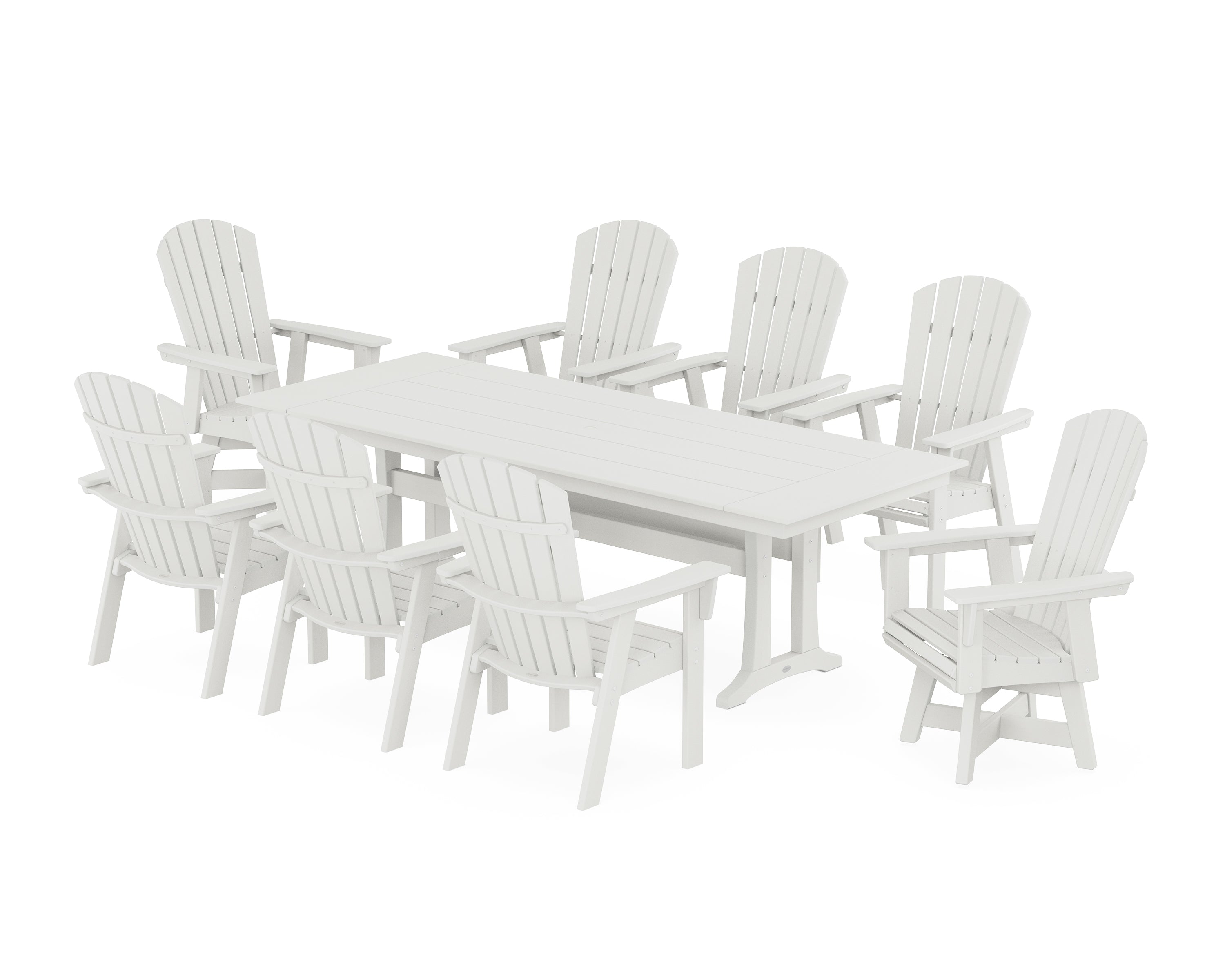 POLYWOOD® Nautical Curveback Adirondack Swivel 9-Piece Farmhouse Dining Set with Trestle Legs in Vintage White