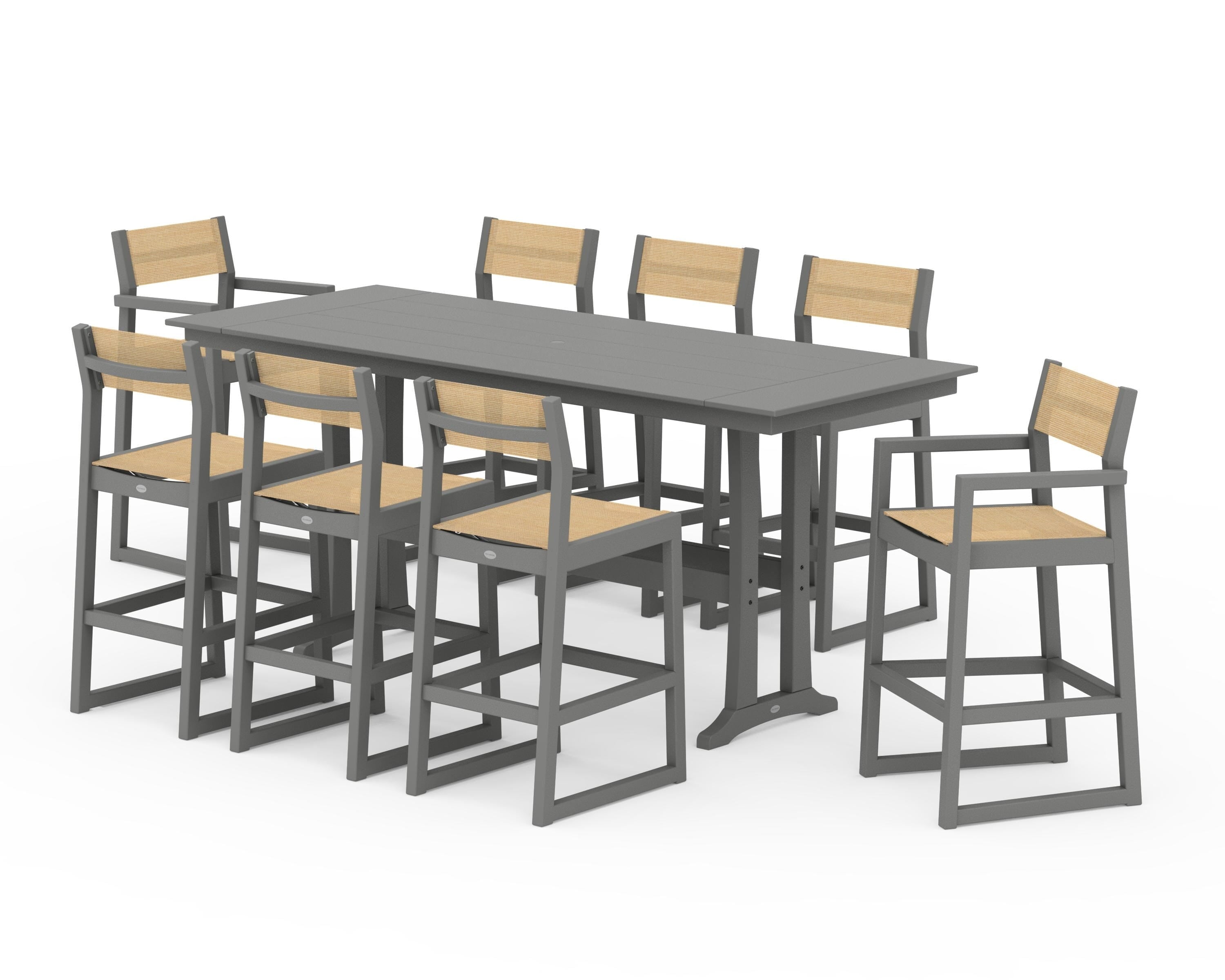 POLYWOOD EDGE Sling 9-Piece Farmhouse Bar Set with Trestle Legs in Slate Grey / Dupioni Apricot Sling