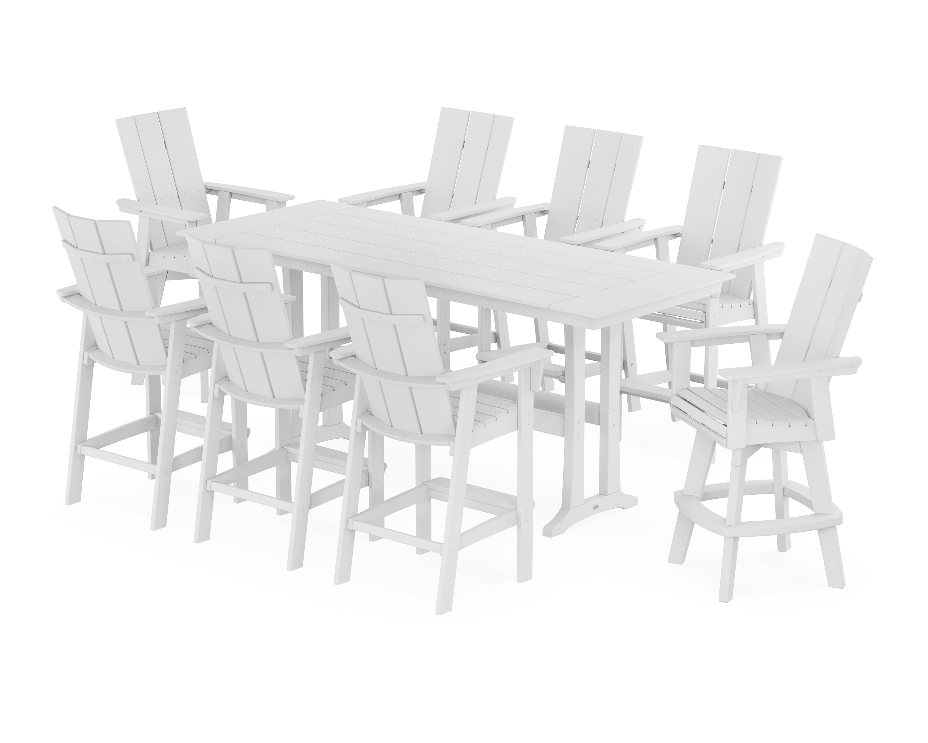 POLYWOOD® Modern Curveback Adirondack Swivel 9-Piece Farmhouse Bar Set with Trestle Legs in White