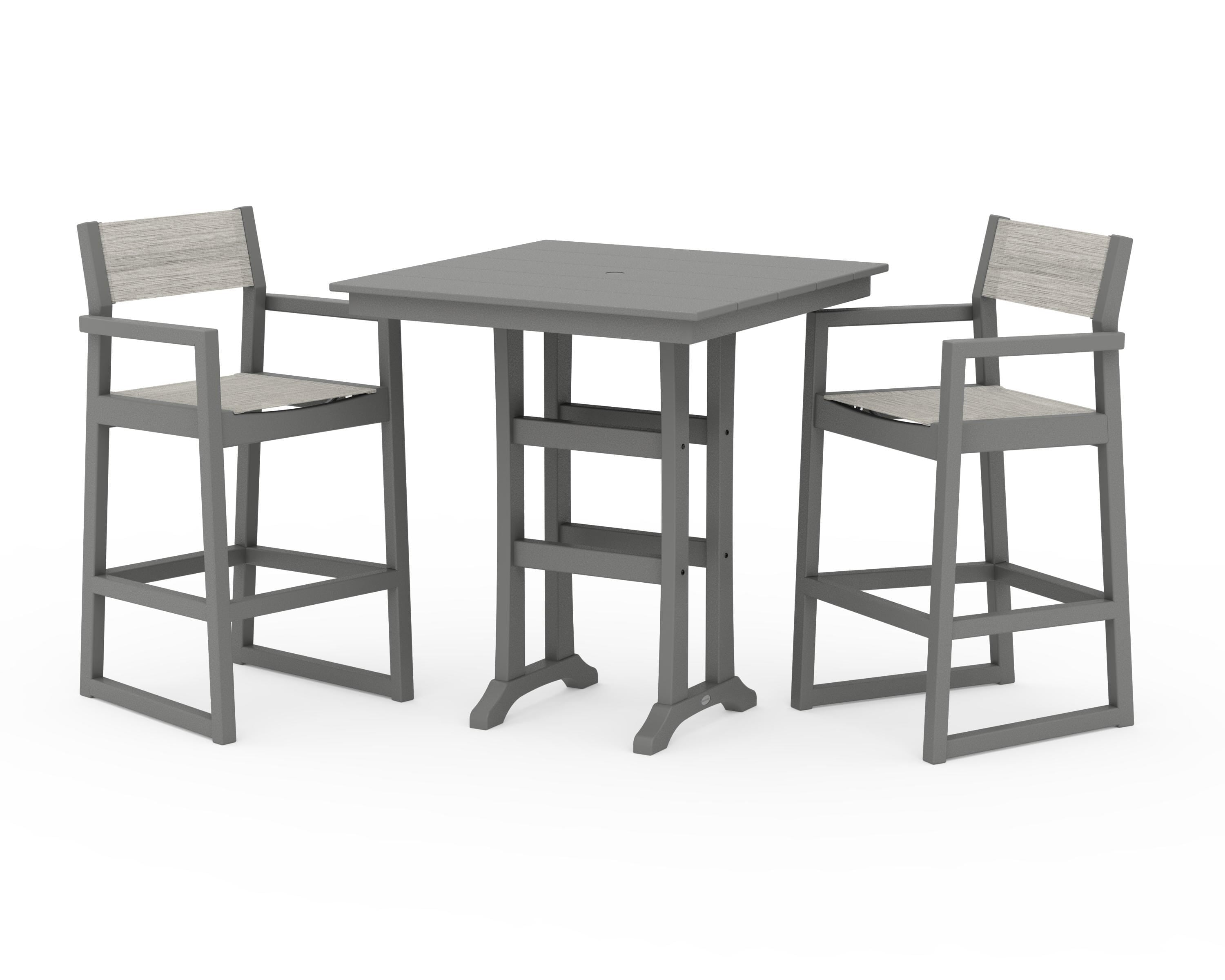 POLYWOOD EDGE Sling Arm Chair 3-Piece Farmhouse Bar Set with Trestle Legs in Slate Grey / Birch Sling