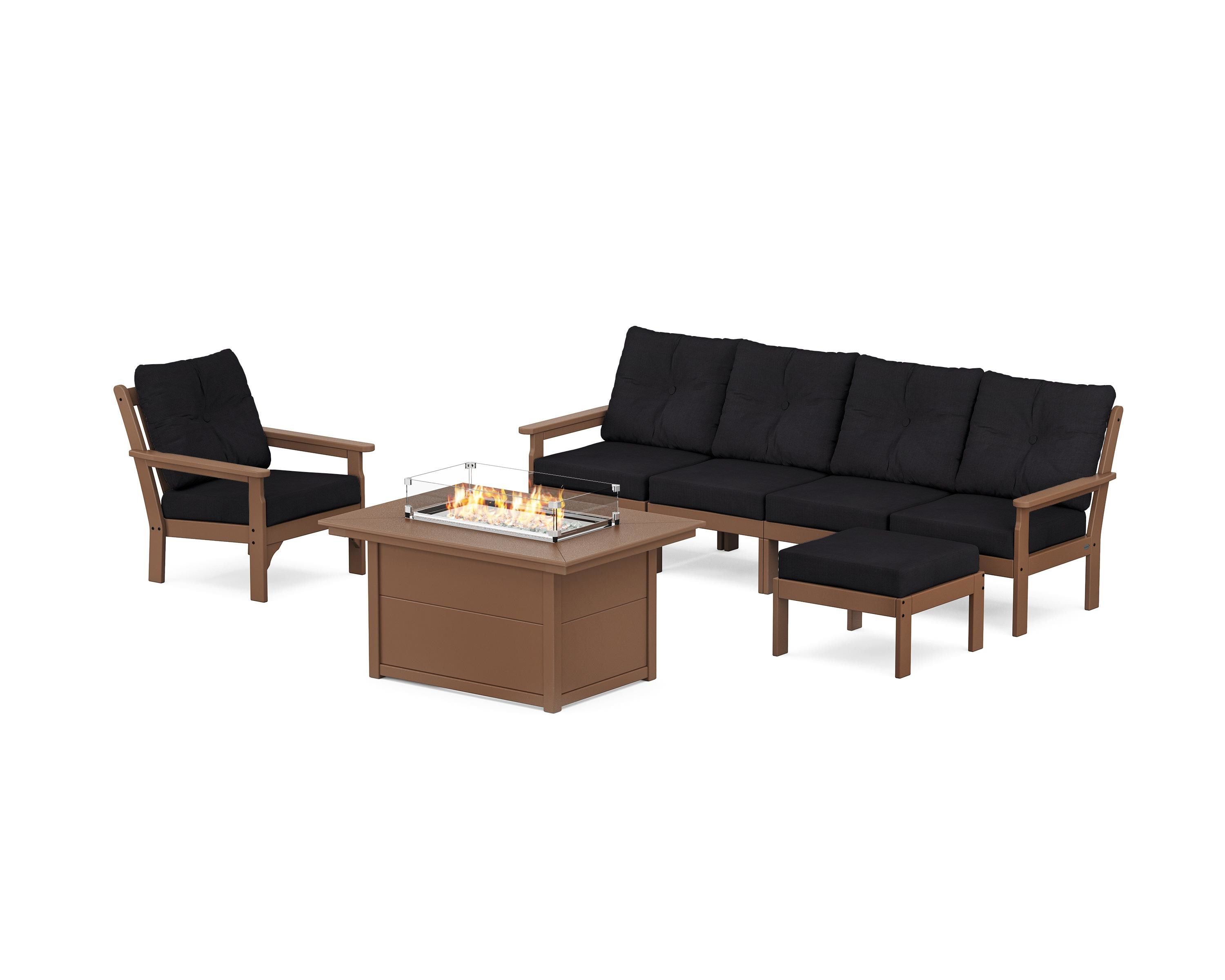 POLYWOOD Vineyard Sectional Lounge and Fire Pit Set in Teak / Midnight Linen