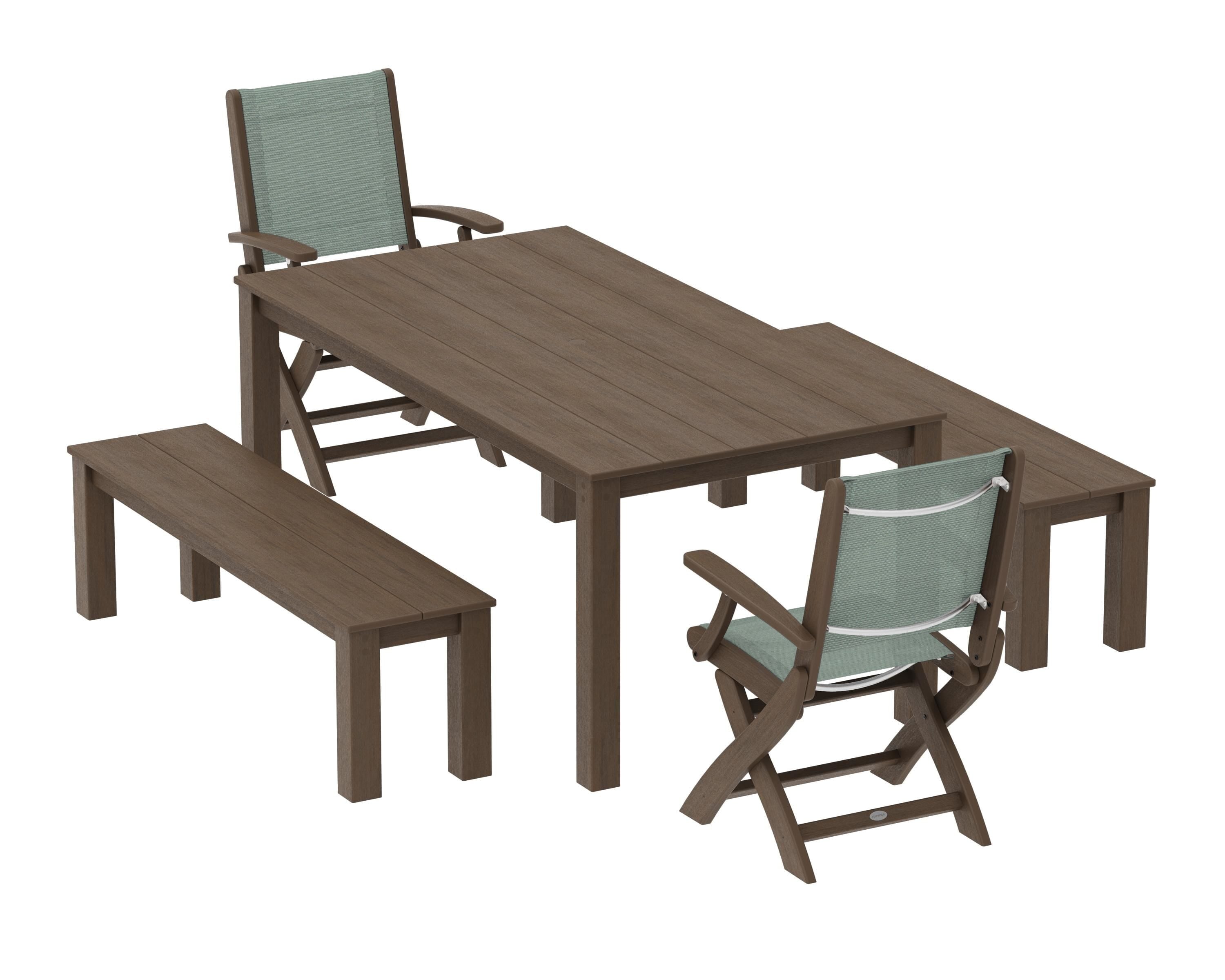 POLYWOOD Coastal Folding Chair 5-Piece Parsons Dining Set with Benches in Kona / Dupioni Sea Mist Sling