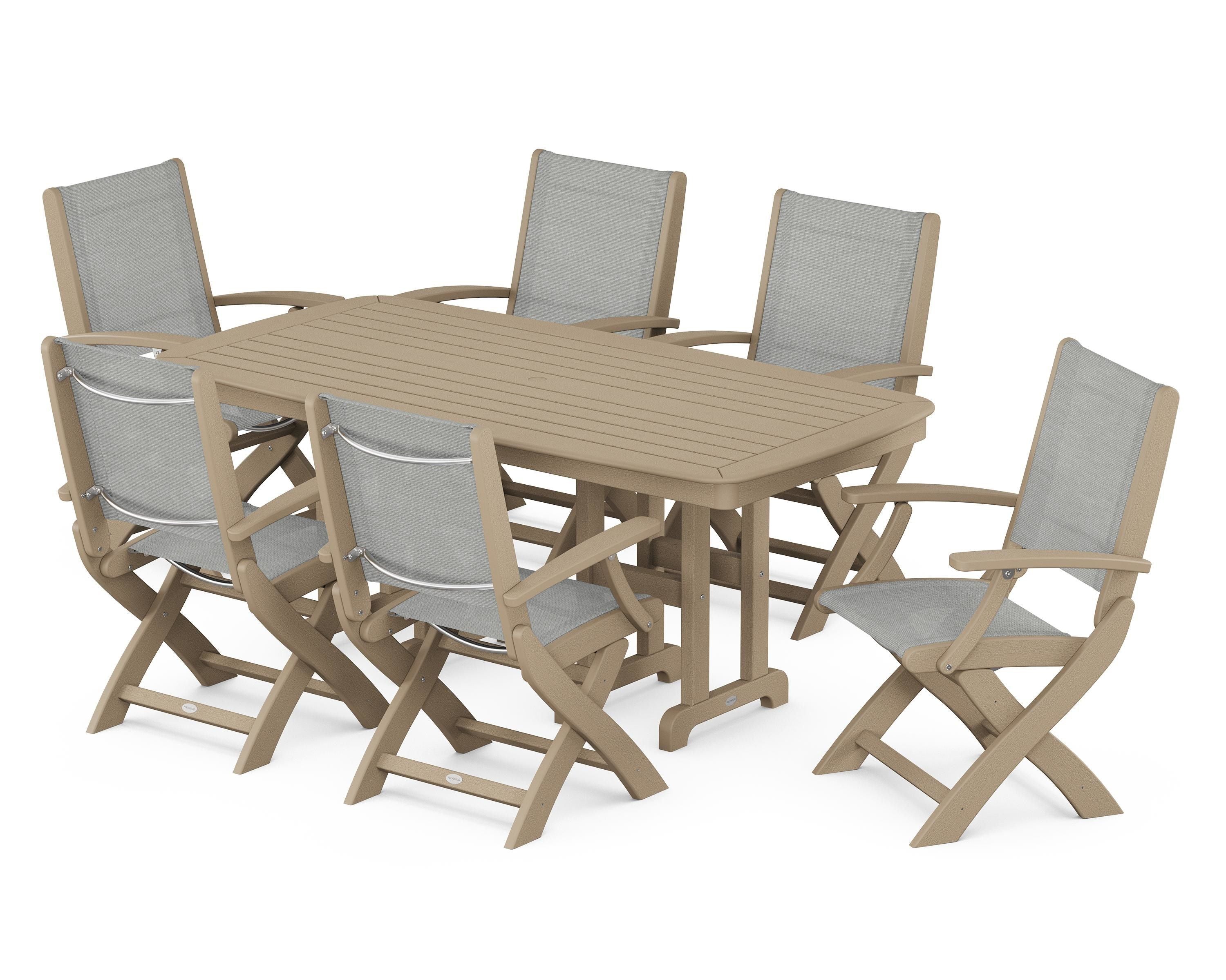 POLYWOOD Coastal Folding Arm Chair 7-Piece Dining Set in Vintage Sahara / Metallic Sling