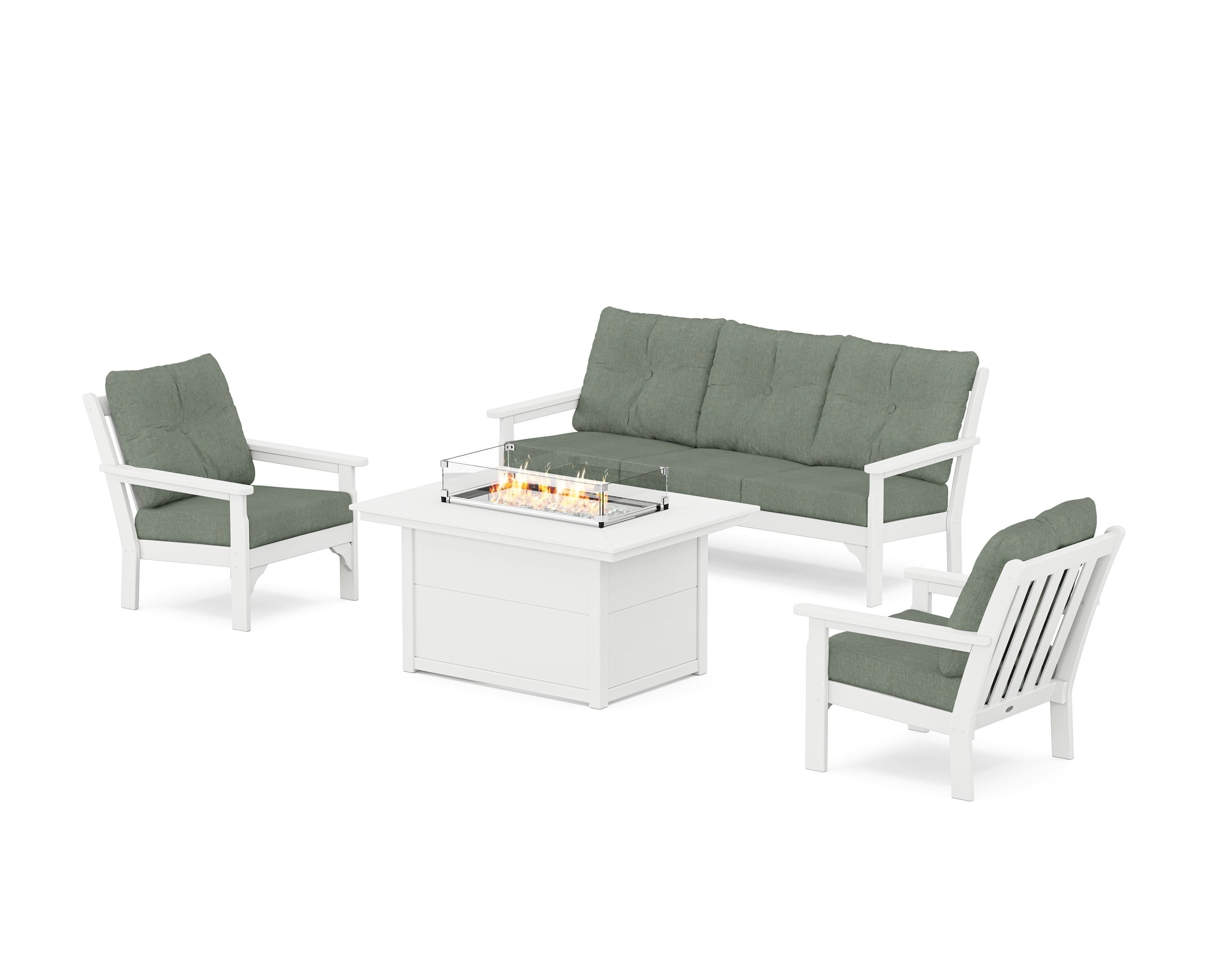 POLYWOOD Vineyard Deep Seating Fire Pit Table Set in White / Cast Sage