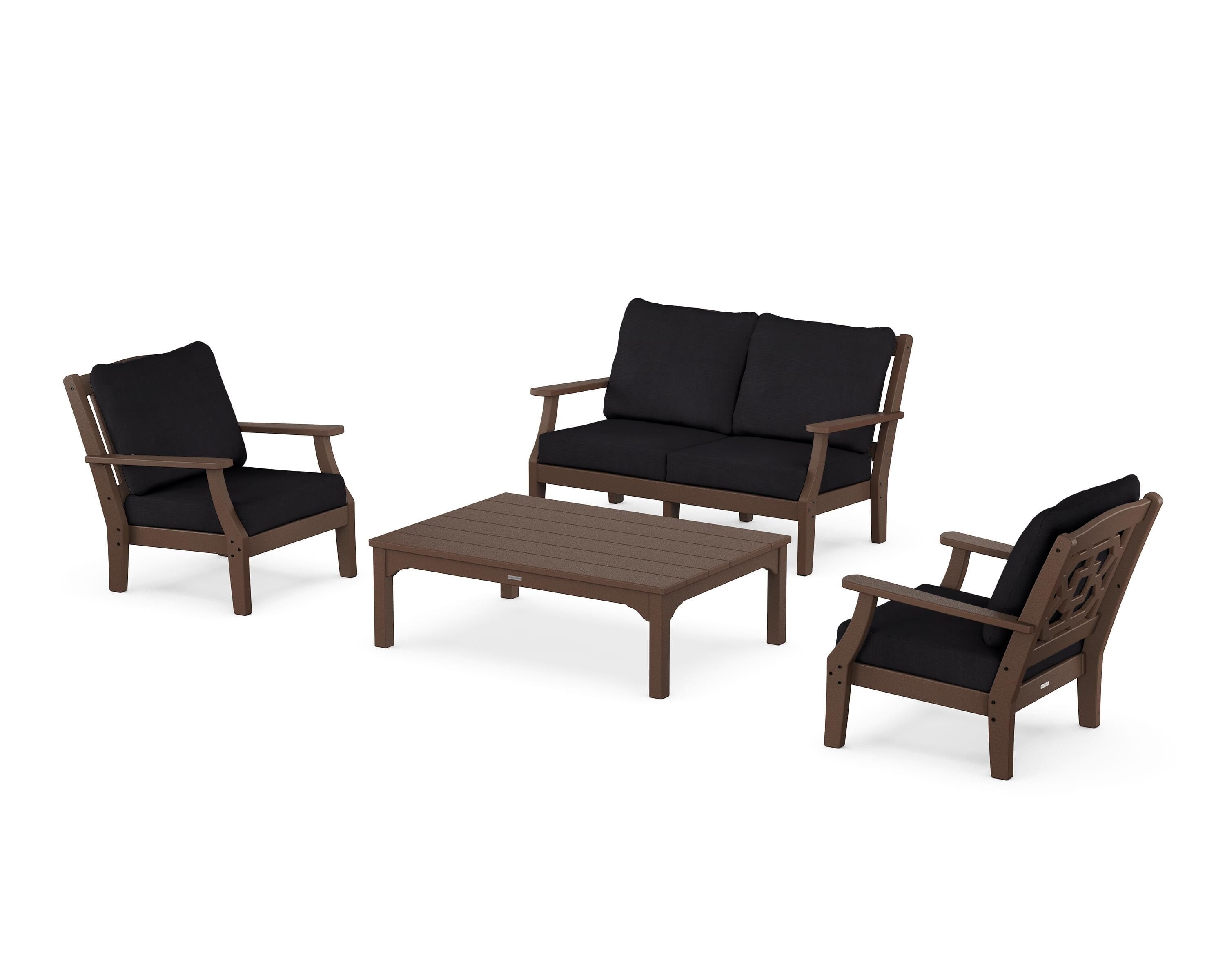 Martha Stewart by POLYWOOD Chinoiserie 4-Piece Deep Seating Set with Loveseat in Mahogany / Midnight Linen