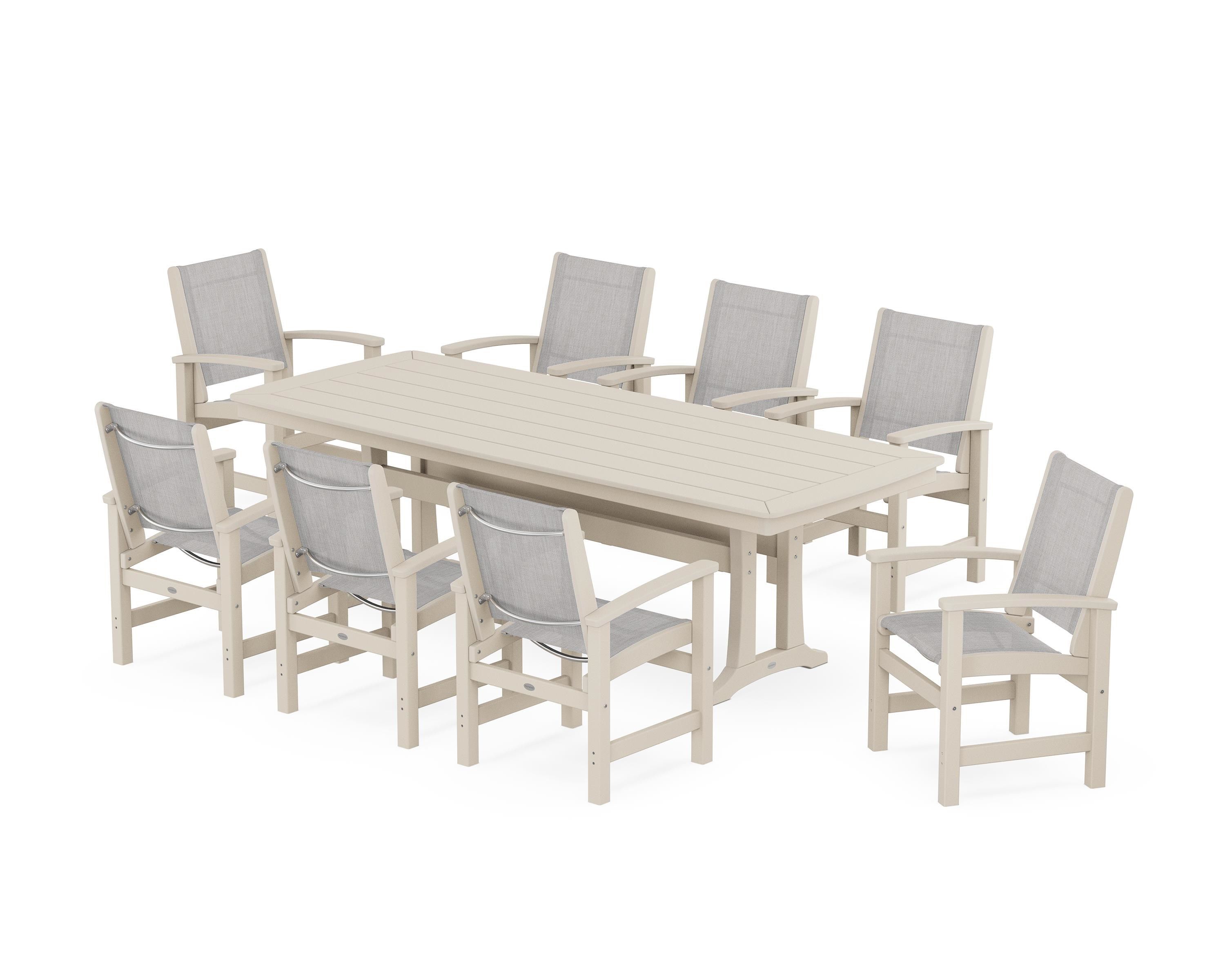 POLYWOOD Coastal 9-Piece Dining Set with Trestle Legs in Sand / Parchment Sling