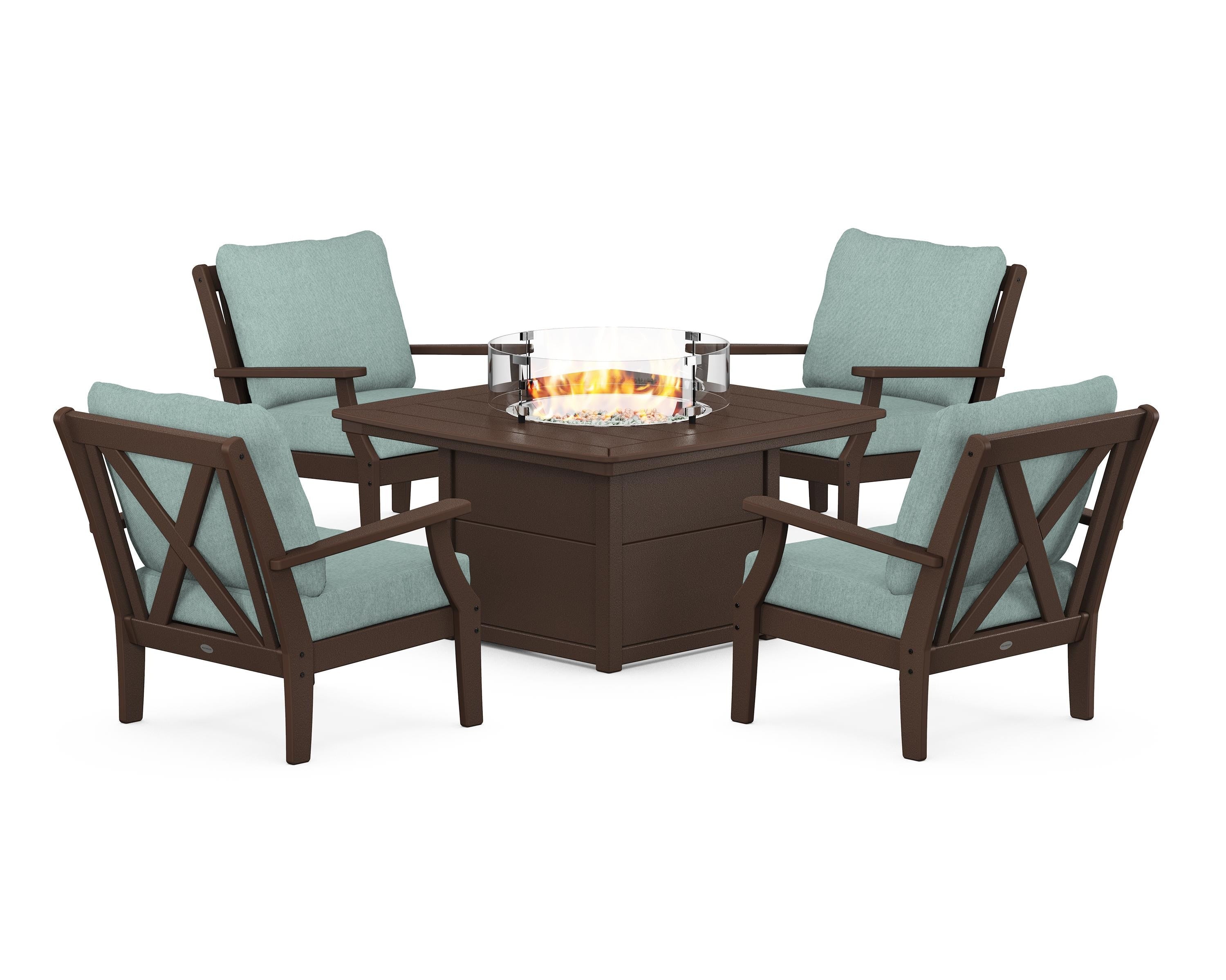 POLYWOOD Braxton 5-Piece Deep Seating Conversation Set with Fire Pit Table in Mahogany / Glacier Spa