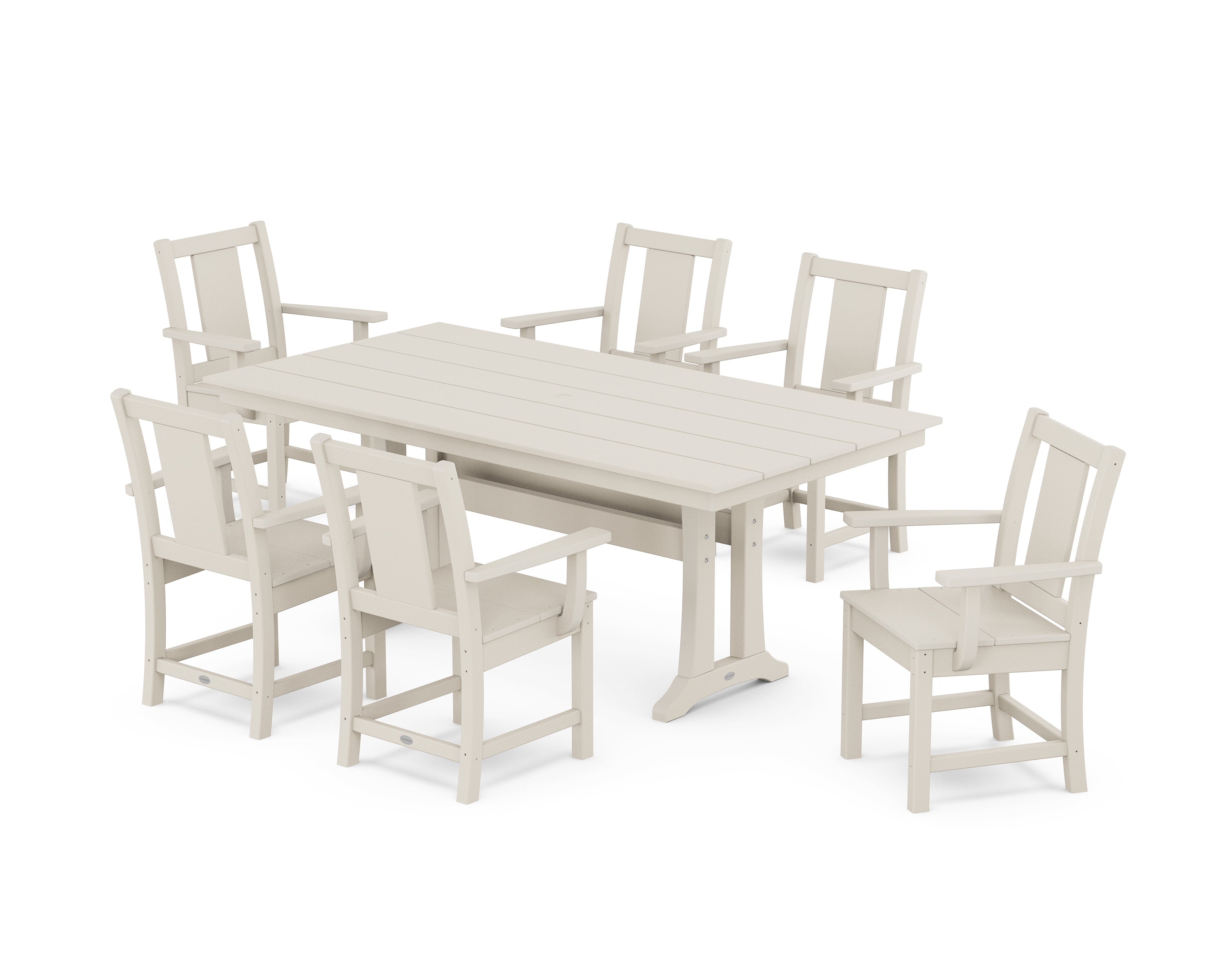 POLYWOOD Prairie Arm Chair 7-Piece Farmhouse Dining Set with Trestle Legs in Sand