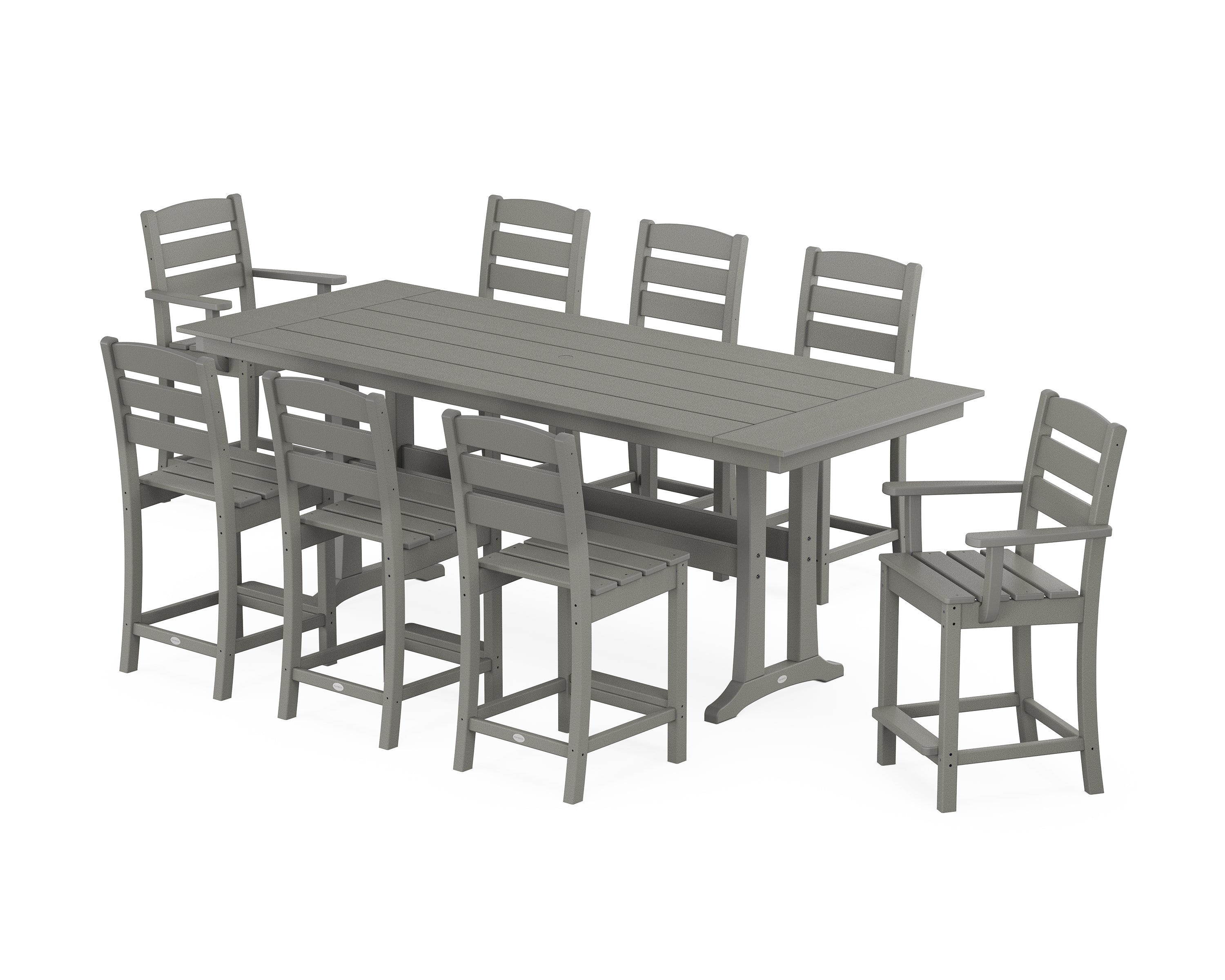 POLYWOOD Lakeside 9-Piece Farmhouse Counter Set with Trestle Legs in Slate Grey