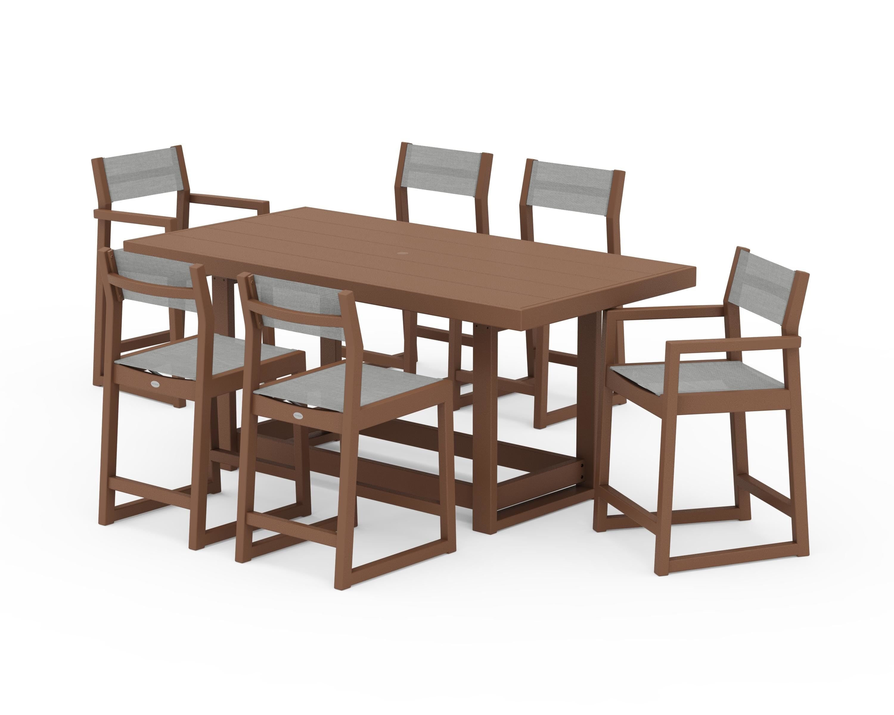 POLYWOOD EDGE Sling 7-Piece Counter Table Set in Teak / Metallic Sling