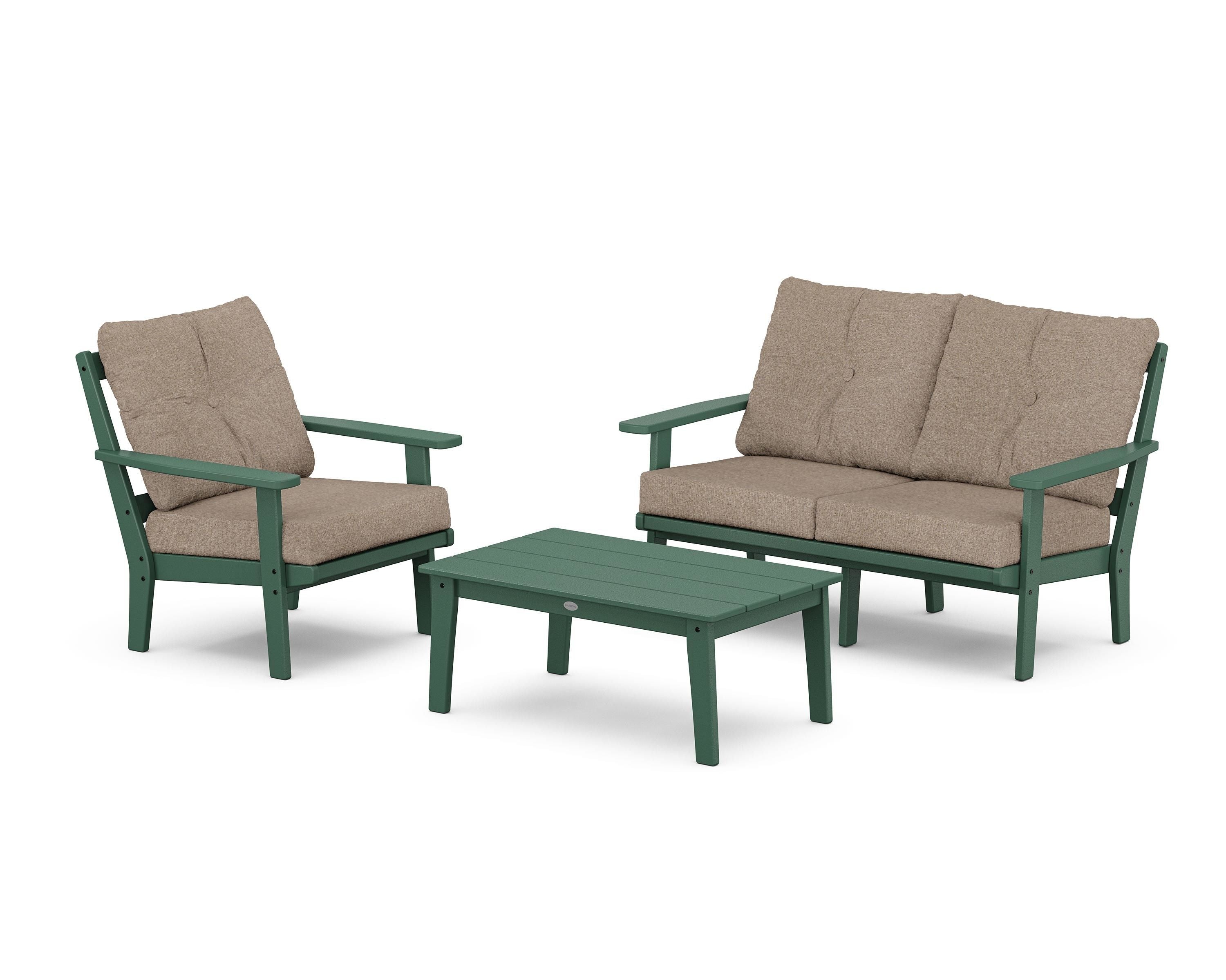 POLYWOOD Oxford 3-Piece Deep Seating Set with Loveseat in Green / Spiced Burlap